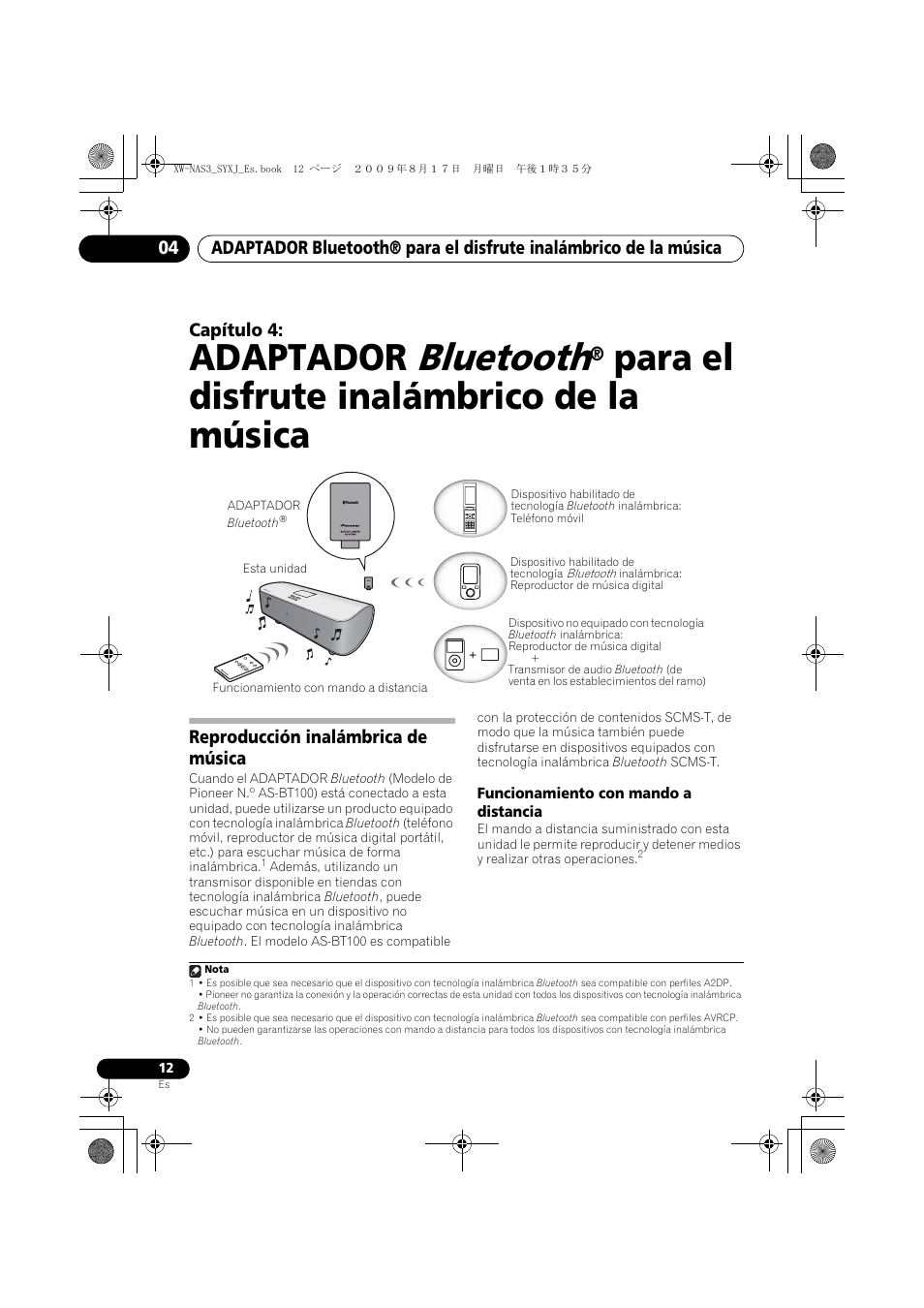 Reproducción inalámbrica de música, Funcionamiento con mando a distancia, Bluetooth | Adaptador, Para el disfrute inalámbrico de la música | Pioneer XW-NAS3 User Manual | Page 48 / 56