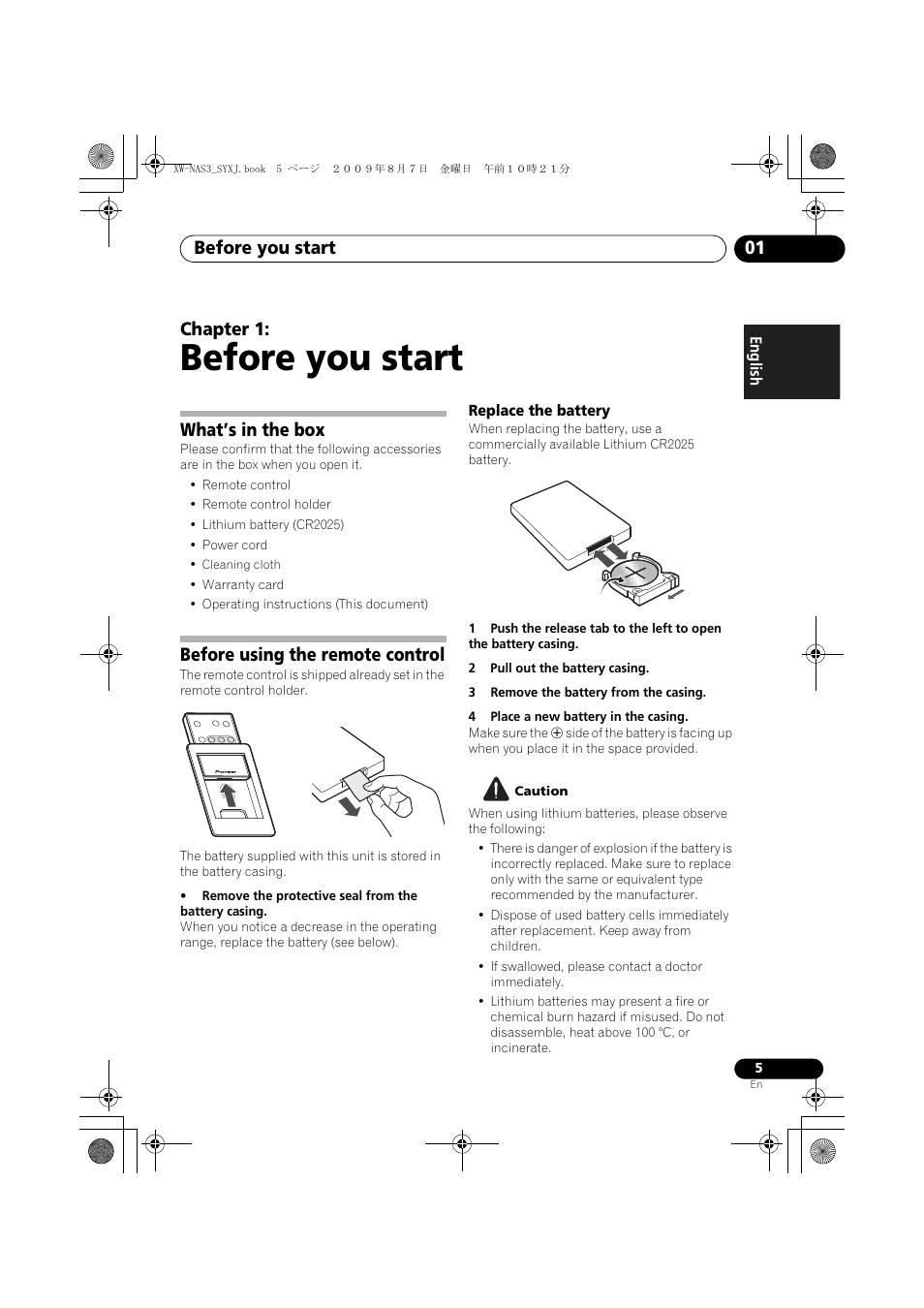 What’s in the box, Before using the remote control, Replace the battery | Before you start, Before you start 01, Chapter 1 | Pioneer XW-NAS3 User Manual | Page 5 / 56