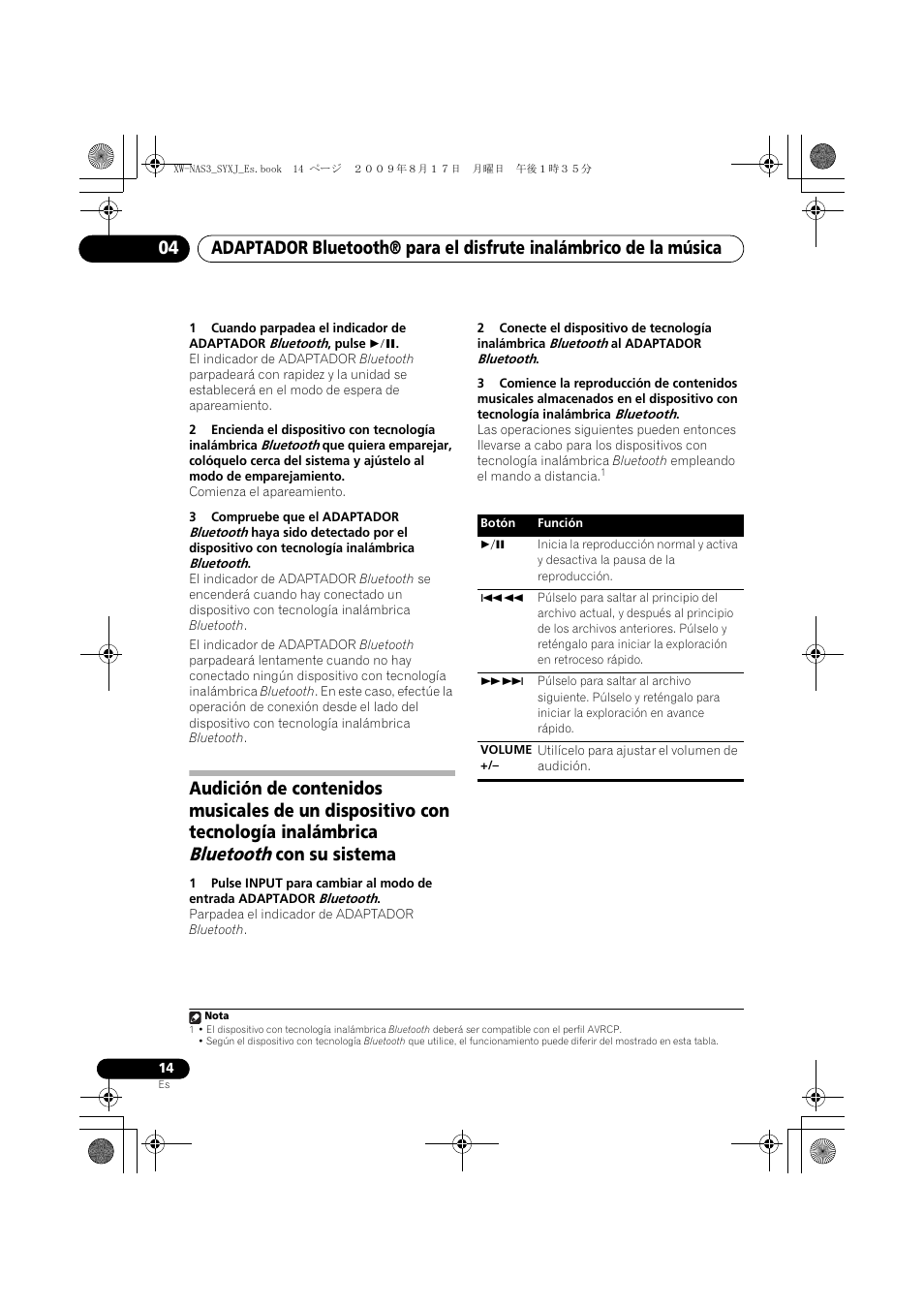 Bluetooth, Con su sistema | Pioneer XW-NAS3 User Manual | Page 50 / 56