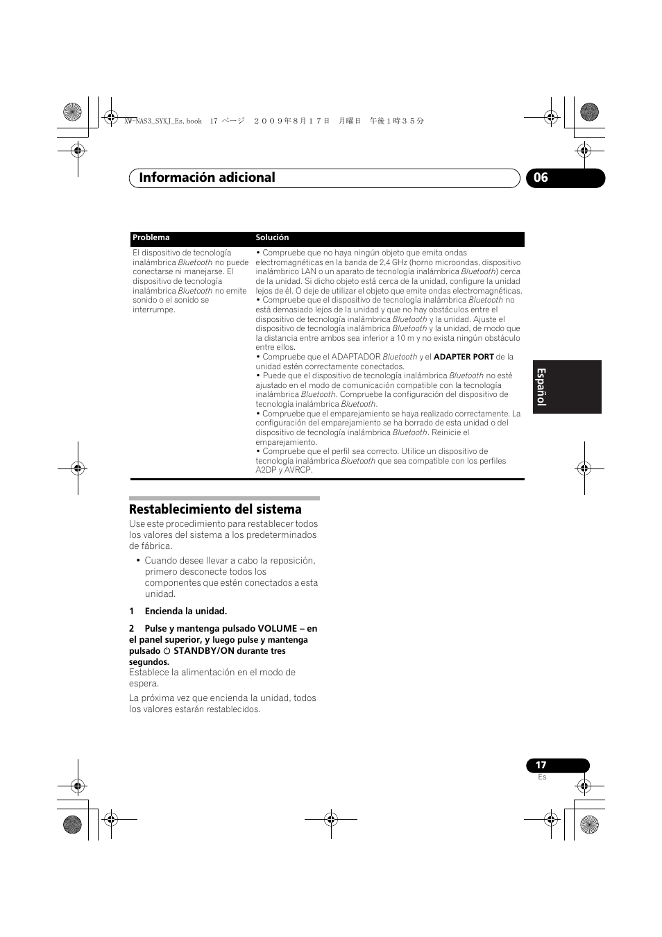 Restablecimiento del sistema, Información adicional 06 | Pioneer XW-NAS3 User Manual | Page 53 / 56