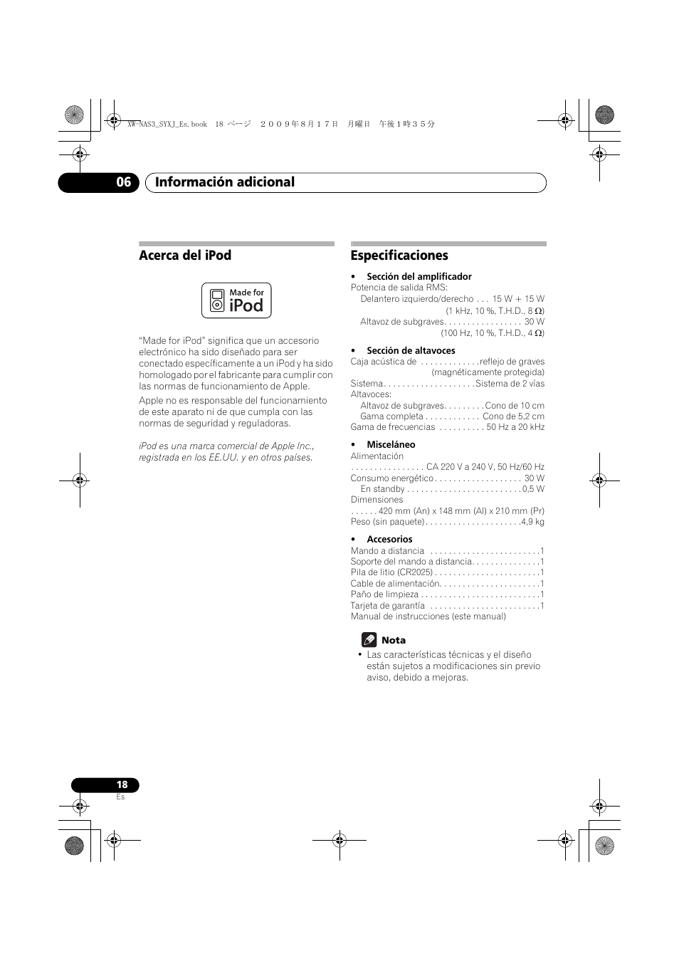 Acerca del ipod, Especificaciones, Información adicional 06 | Pioneer XW-NAS3 User Manual | Page 54 / 56