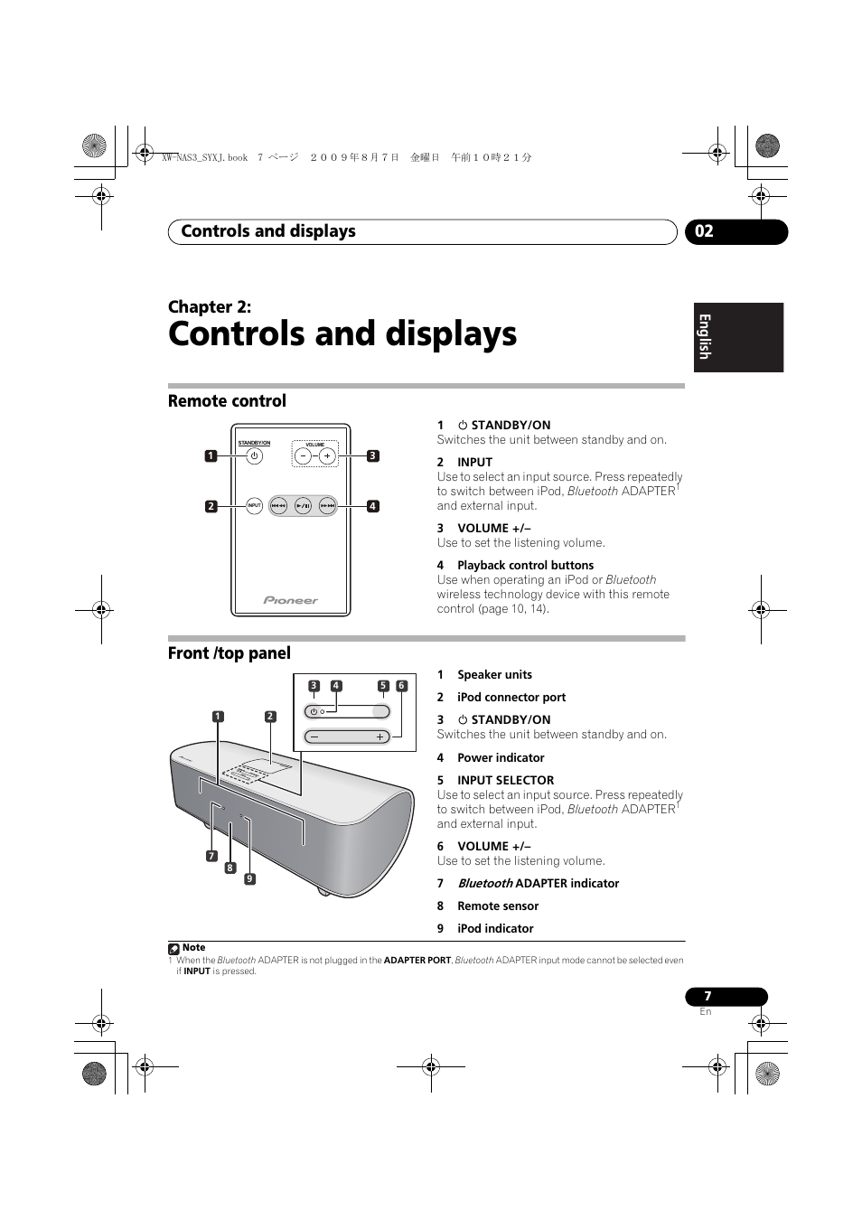 Remote control, Front /top panel, Controls and displays | Controls and displays 02, Chapter 2, English français español | Pioneer XW-NAS3 User Manual | Page 7 / 56
