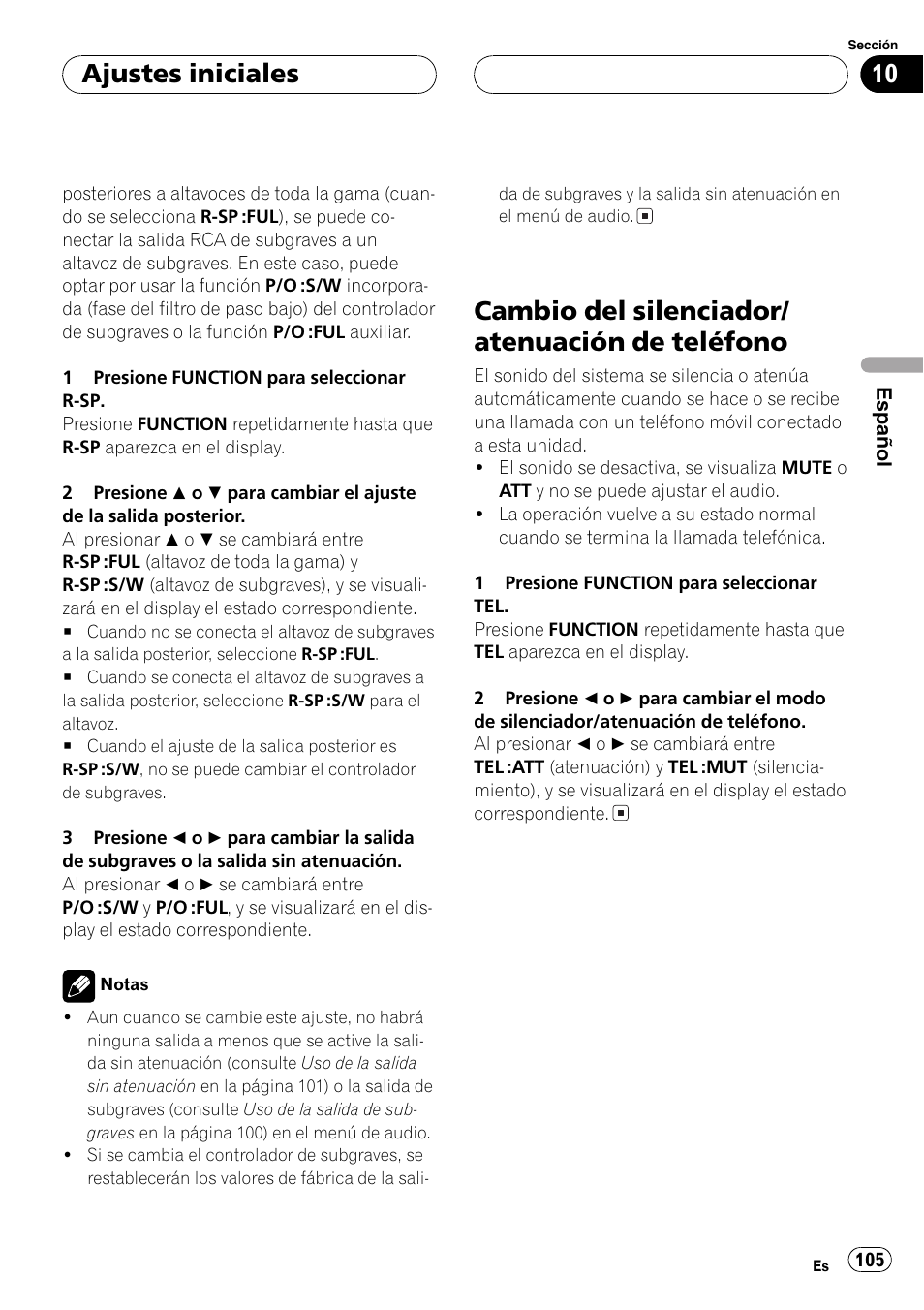 Cambio del silenciador/atenuación de, Teléfono 105, Cambio del silenciador/ atenuación de teléfono | Ajustes iniciales | Pioneer DEH-P5630MP User Manual | Page 105 / 115