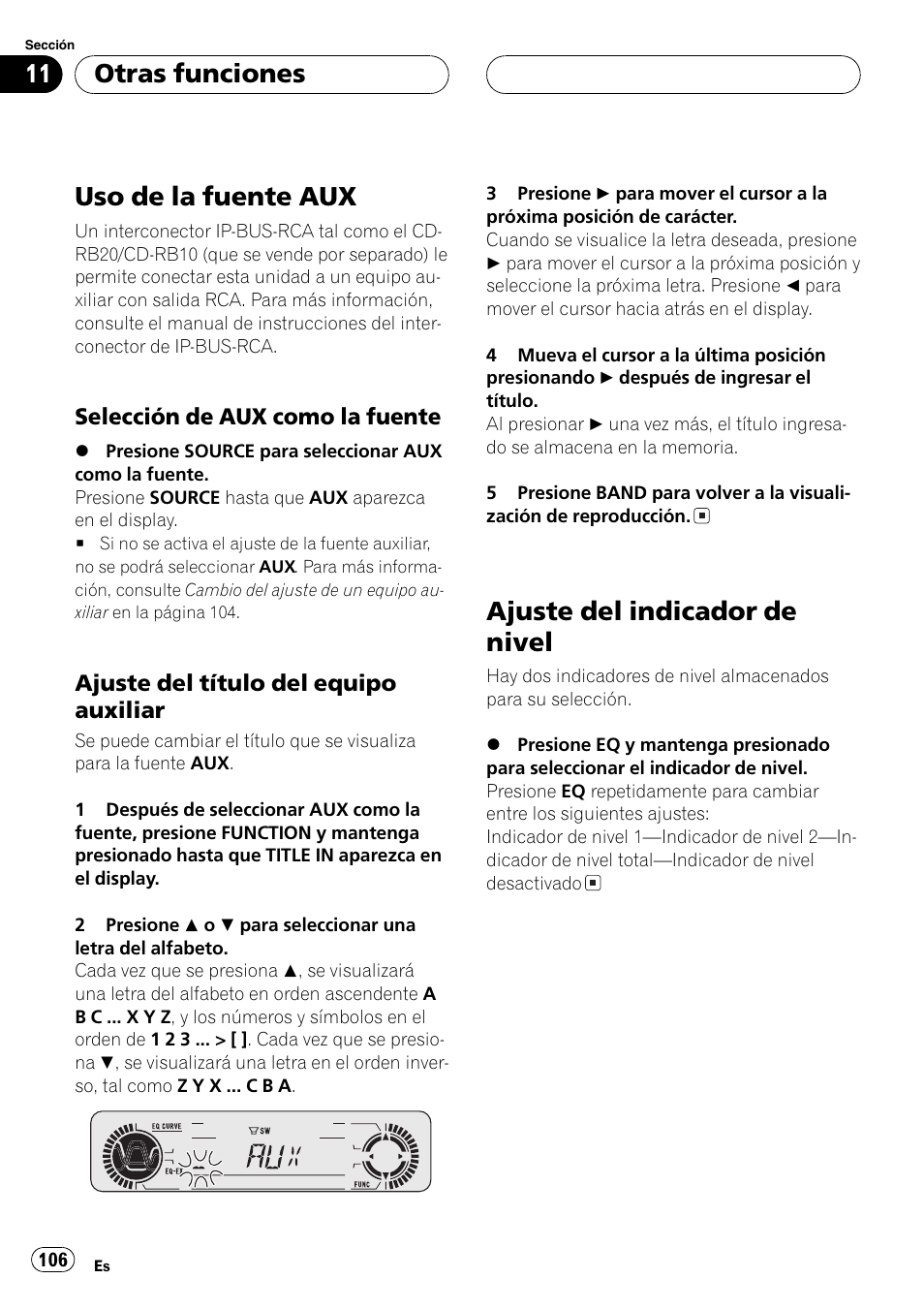 Otras funciones, Uso de la fuente aux 106, Selección de aux como la | Fuente 106, Ajuste del título del equipo, Auxiliar 106, Ajuste del indicador de nivel 106, Uso de la fuente aux, Ajuste del indicador de nivel | Pioneer DEH-P5630MP User Manual | Page 106 / 115