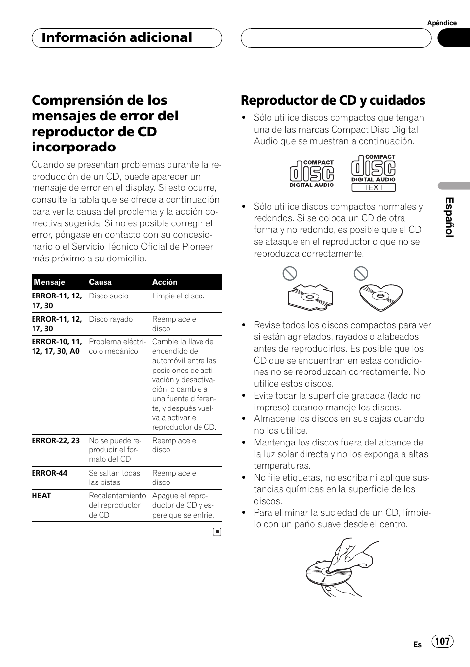 Información adicional, Comprensión de los mensajes de error del, Reproductor de cd incorporado 107 | Reproductor de cd y cuidados 107, Reproductor de cd y cuidados, Español | Pioneer DEH-P5630MP User Manual | Page 107 / 115