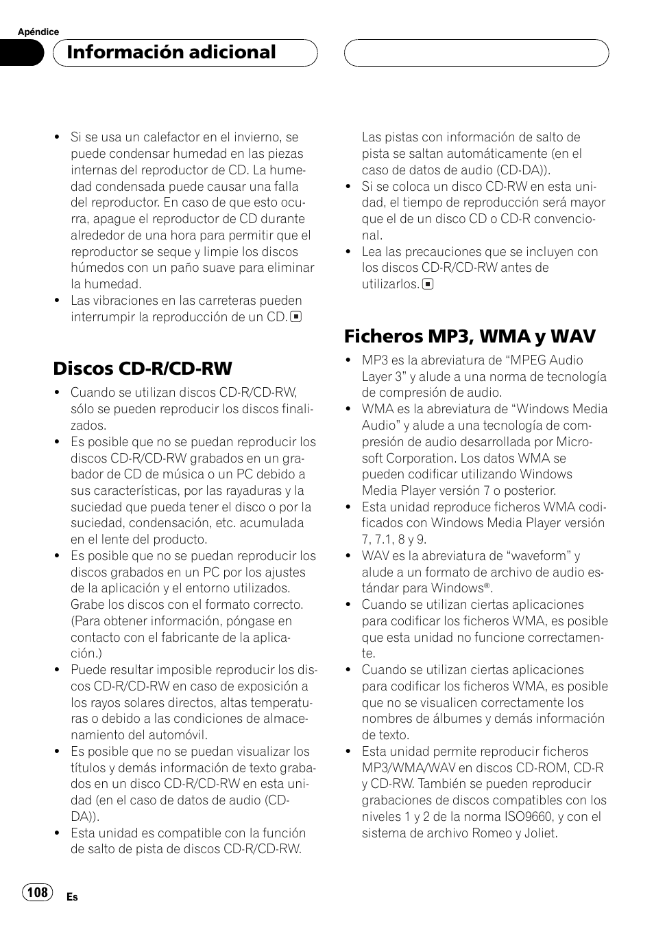 Discos cd-r/cd-rw 108, Ficheros mp3, wma y wav 108, Discos cd-r/cd-rw | Ficheros mp3, wma y wav, Información adicional | Pioneer DEH-P5630MP User Manual | Page 108 / 115