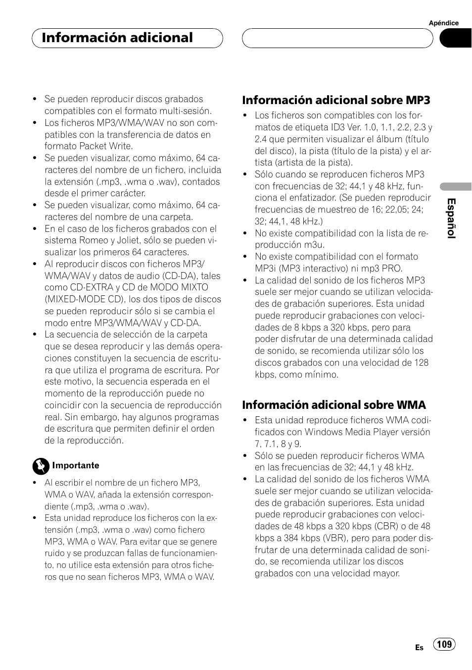 Información adicional sobre, Mp3 109, Wma 109 | Información adicional, Información adicional sobre mp3, Información adicional sobre wma | Pioneer DEH-P5630MP User Manual | Page 109 / 115