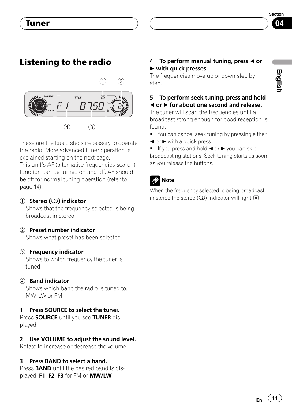 Tuner listening to the radio 11, Listeningto the radio, Tuner | Pioneer DEH-P5630MP User Manual | Page 11 / 115