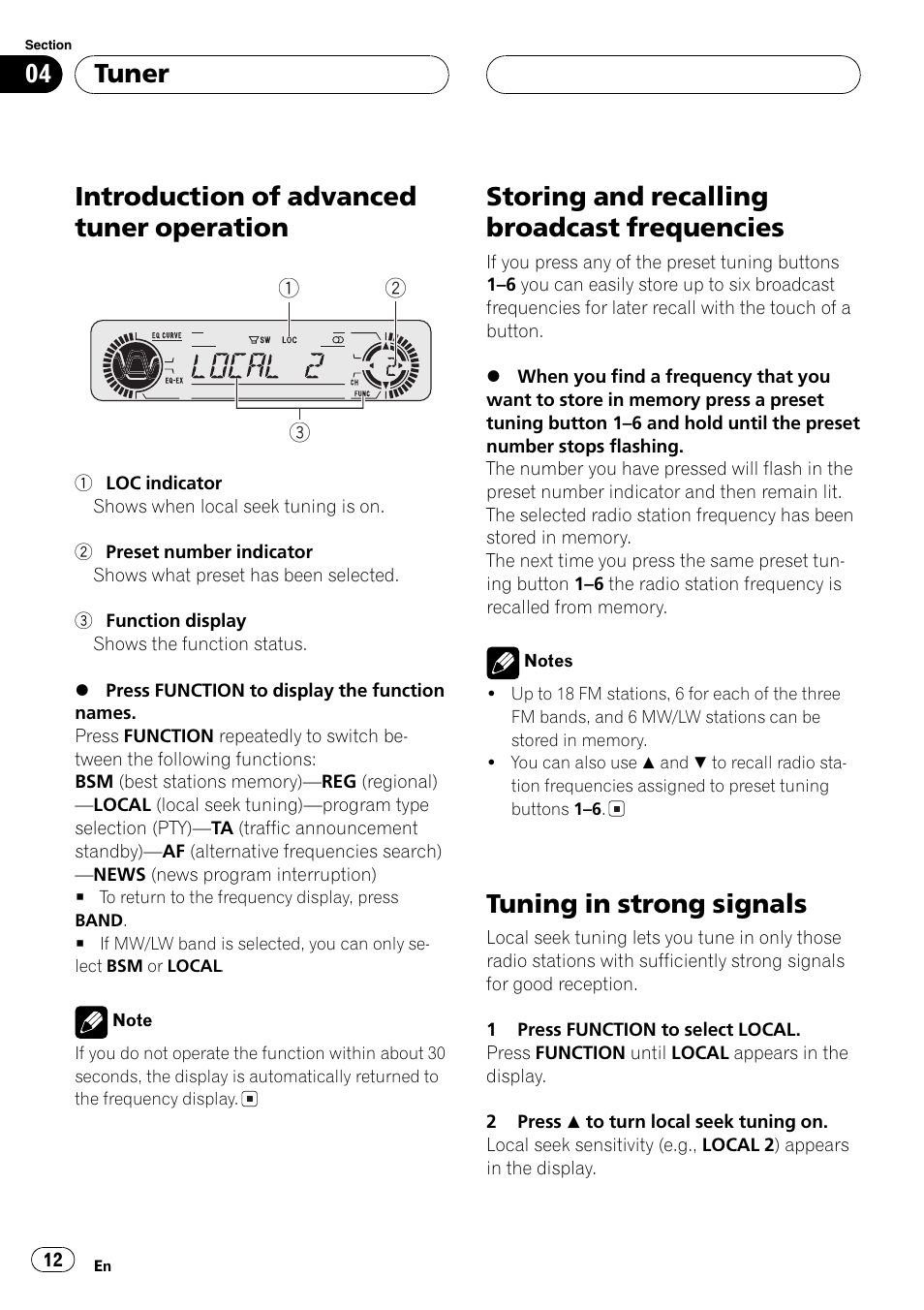 Introduction of advanced tuner, Operation 12, Storing and recalling broadcast | Frequencies 12, Tuning in strong signals 12, Introduction of advanced tuner operation, Storingand recalling broadcast frequencies, Tuningin strongsignals, Tuner | Pioneer DEH-P5630MP User Manual | Page 12 / 115