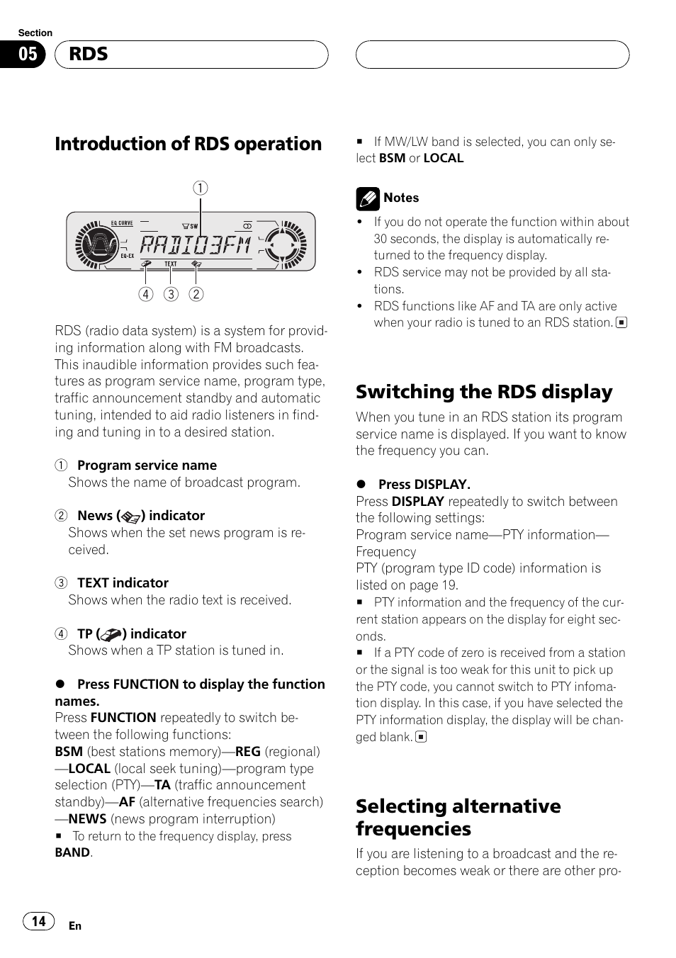 Introduction of rds operation, Switchingthe rds display, Selectingalternative frequencies | Pioneer DEH-P5630MP User Manual | Page 14 / 115