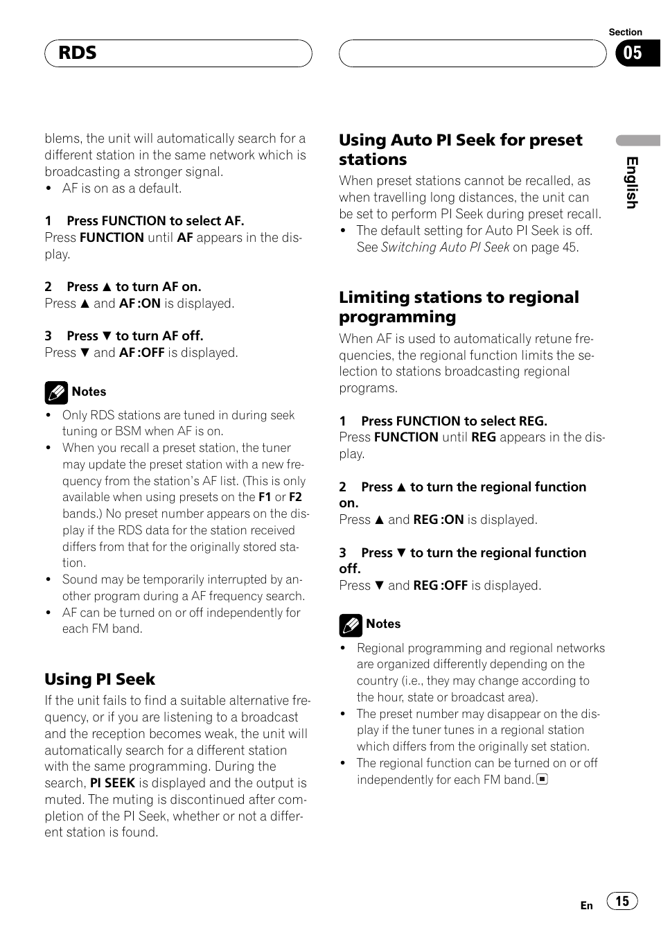 Using pi seek 15, Using auto pi seek for preset, Stations 15 | Limiting stations to regional, Programming 15, Usingpi seek, Usingauto pi seek for preset stations, Limitingstations to regional programming | Pioneer DEH-P5630MP User Manual | Page 15 / 115