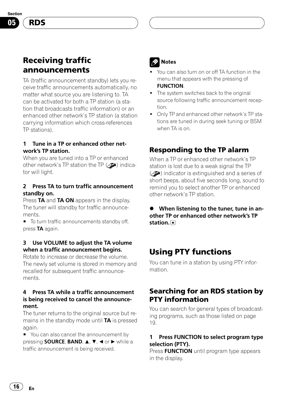 Receiving traffic announcements 16, Responding to the tp alarm 16, Using pty functions 16 | Searching for an rds station by pty, Information 16, Receivingtraffic announcements, Usingpty functions, Respondingto the tp alarm, Searchingfor an rds station by pty information | Pioneer DEH-P5630MP User Manual | Page 16 / 115