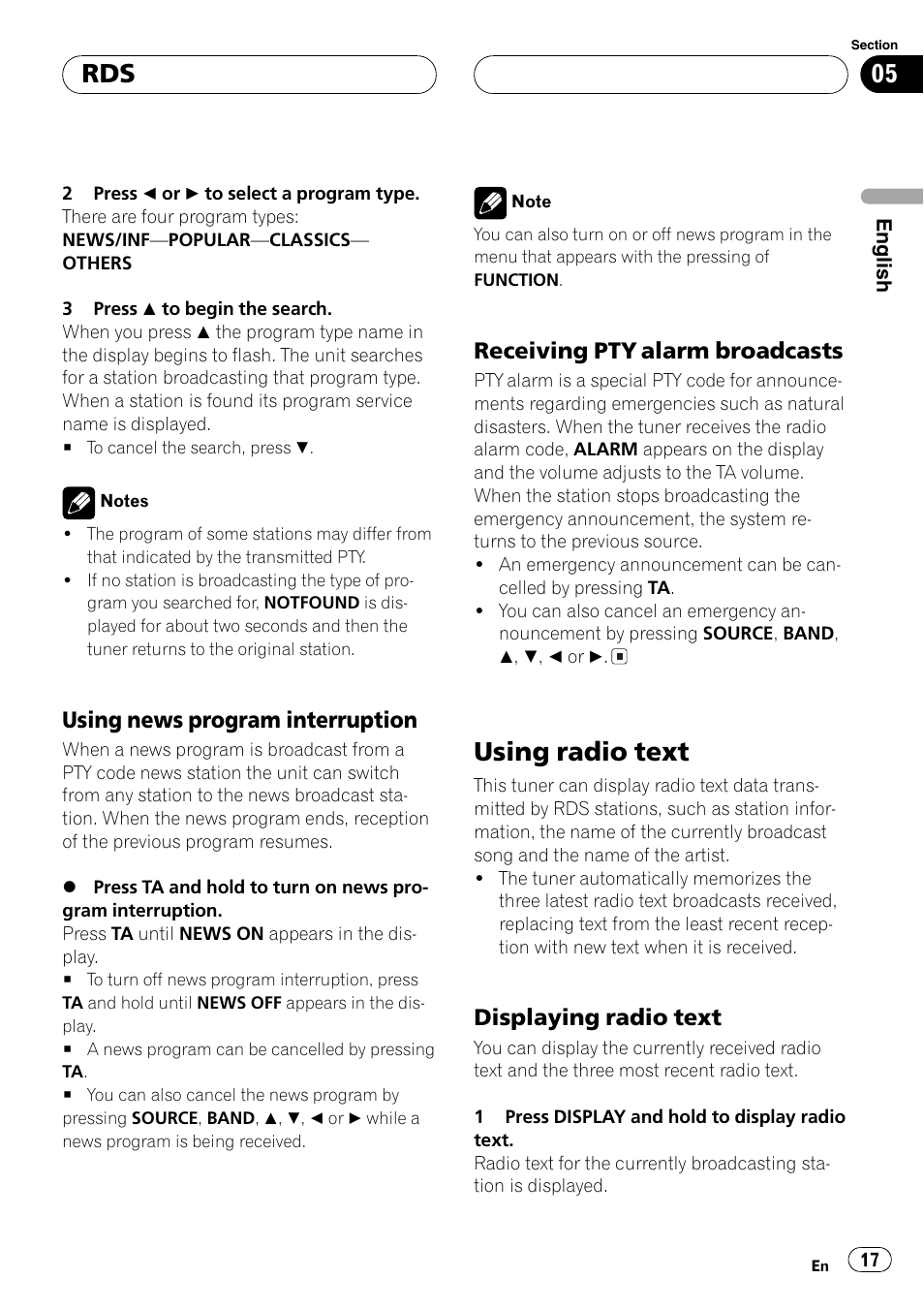 Using news program interruption 17, Receiving pty alarm broadcasts 17, Using radio text 17 | Displaying radio text 17, Usingradio text, Usingnews program interruption, Receivingpty alarm broadcasts, Displayingradio text | Pioneer DEH-P5630MP User Manual | Page 17 / 115