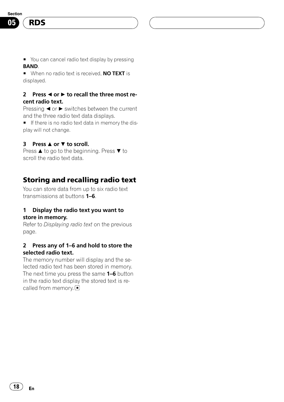 Storing and recalling radio text 18, Storingand recallingradio text | Pioneer DEH-P5630MP User Manual | Page 18 / 115