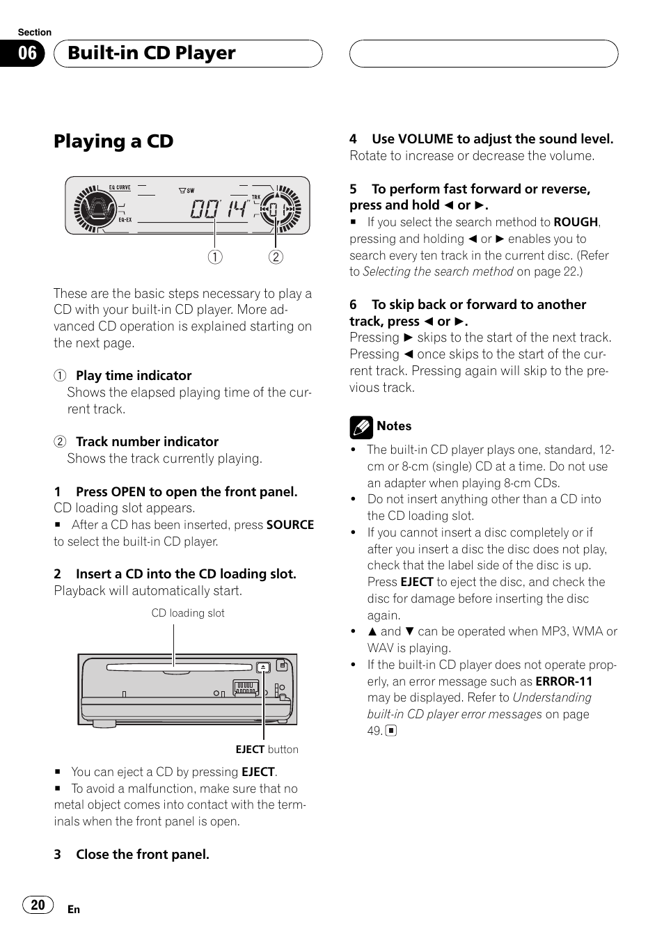 Built-in cd player playing a cd 20, Playinga cd, Built-in cd player | Pioneer DEH-P5630MP User Manual | Page 20 / 115