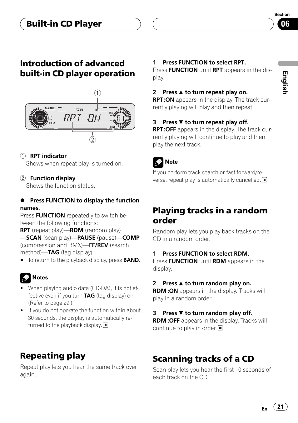 Introduction of advanced built-in cd player, Operation 21, Repeatingplay | Playingtracks in a random order, Scanningtracks of a cd, Built-in cd player | Pioneer DEH-P5630MP User Manual | Page 21 / 115