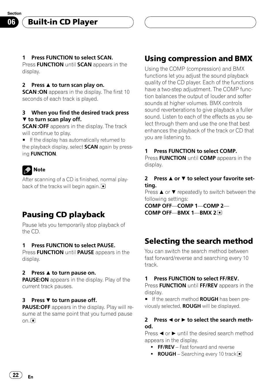 Pausingcd playback, Usingcompression and bmx, Selectingthe search method | Built-in cd player | Pioneer DEH-P5630MP User Manual | Page 22 / 115