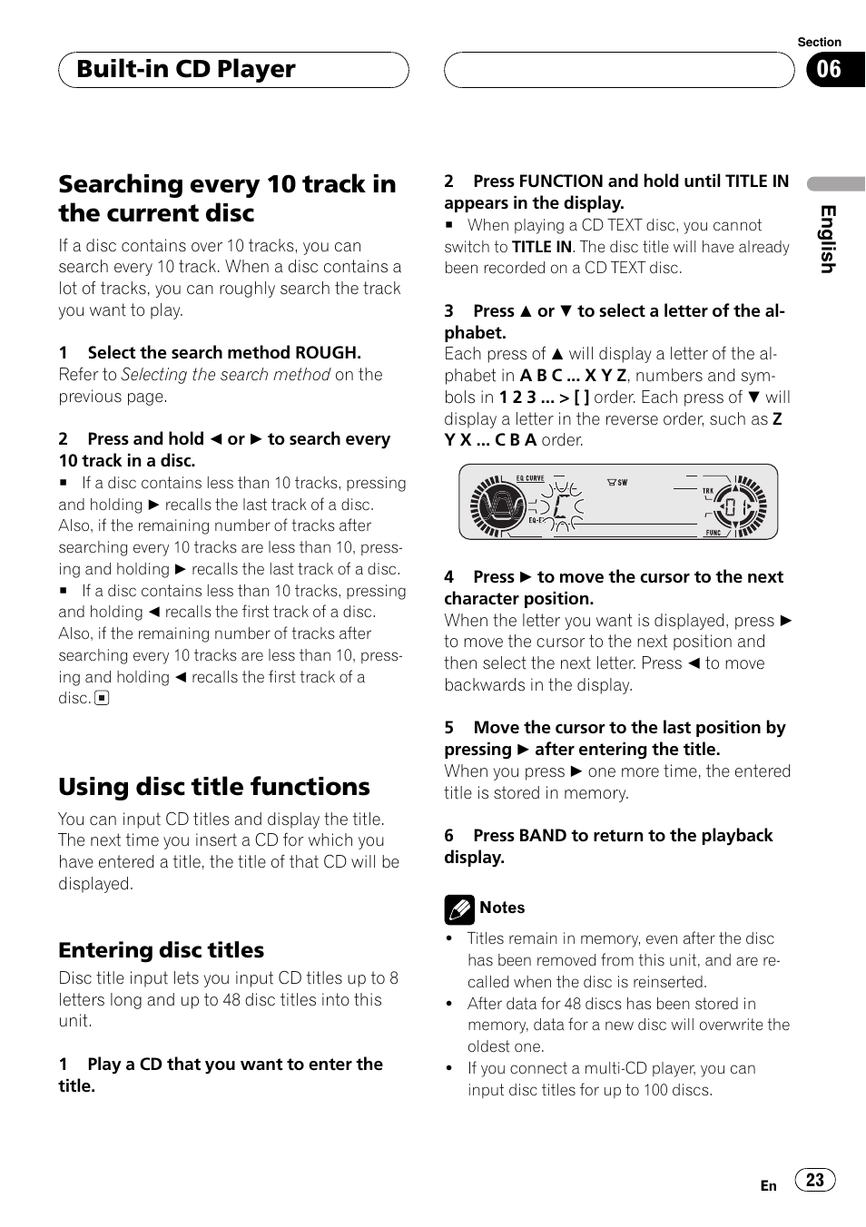 Searching every 10 track in the current, Disc 23, Using disc title functions 23 | Entering disc titles 23, Searchingevery 10 track in the current disc, Usingdisc title functions, Built-in cd player, Enteringdisc titles | Pioneer DEH-P5630MP User Manual | Page 23 / 115