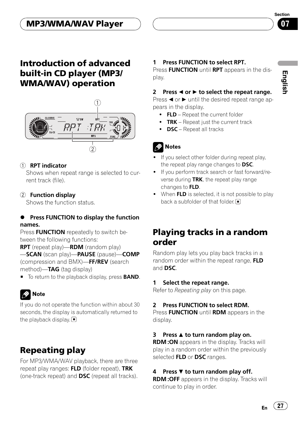 Introduction of advanced built-in cd player, Mp3/wma/wav) operation 27, Repeatingplay | Playingtracks in a random order, Mp3/wma/wav player | Pioneer DEH-P5630MP User Manual | Page 27 / 115