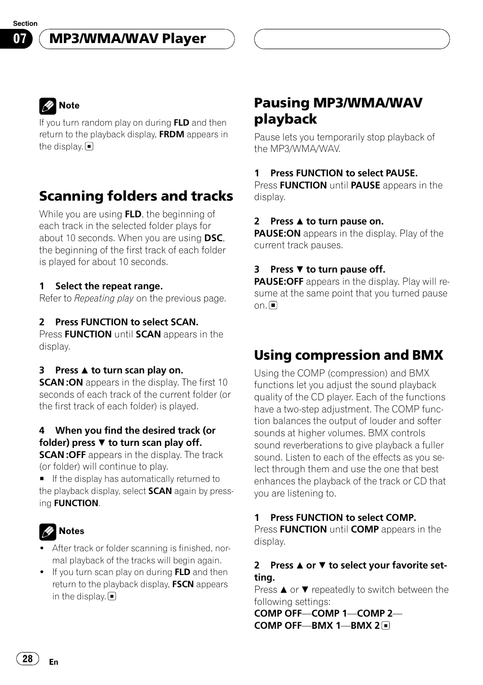Scanning folders and tracks 28, Scanningfolders and tracks, Pausingmp3/wma/wav playback | Usingcompression and bmx, Mp3/wma/wav player | Pioneer DEH-P5630MP User Manual | Page 28 / 115