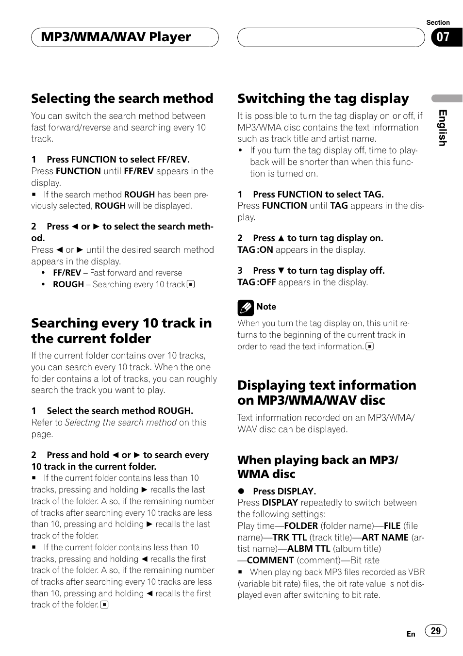 Folder 29, Wav disc 29, When playing back an mp3/wma | Disc 29, Selectingthe search method, Searchingevery 10 track in the current folder, Switchingthe tagdisplay, Displayingtext information on mp3/wma/wav disc, Mp3/wma/wav player | Pioneer DEH-P5630MP User Manual | Page 29 / 115