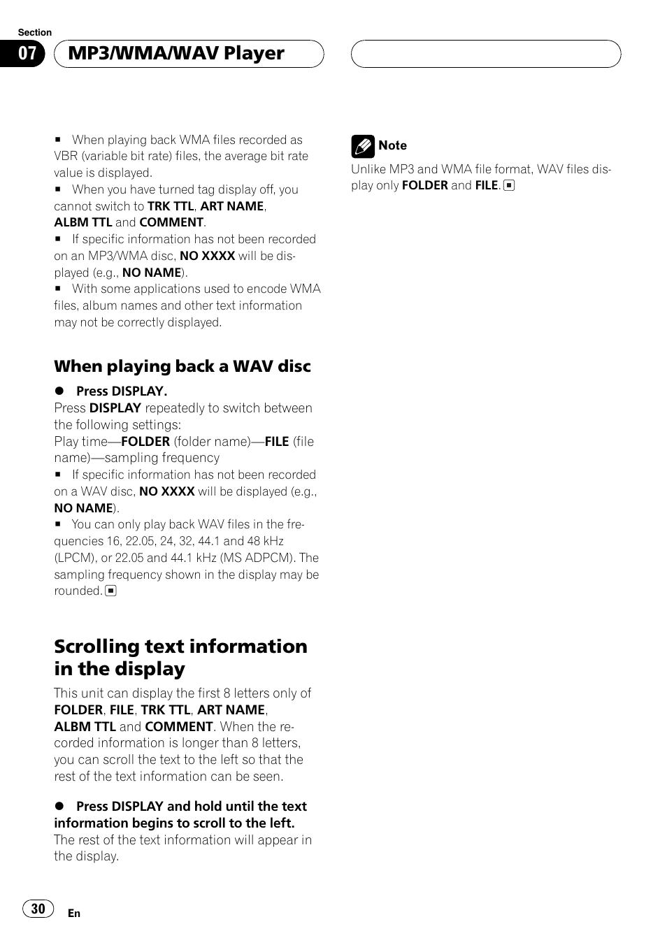 When playing back a wav disc 30, Scrolling text information in the display 30, Scrollingtext information in the display | Mp3/wma/wav player | Pioneer DEH-P5630MP User Manual | Page 30 / 115