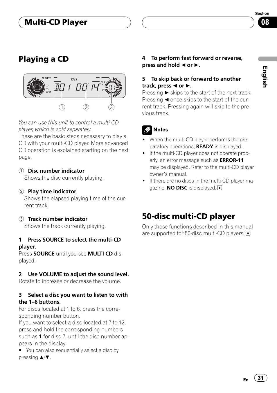 Playinga cd, Disc multi-cd player, Multi-cd player | Pioneer DEH-P5630MP User Manual | Page 31 / 115