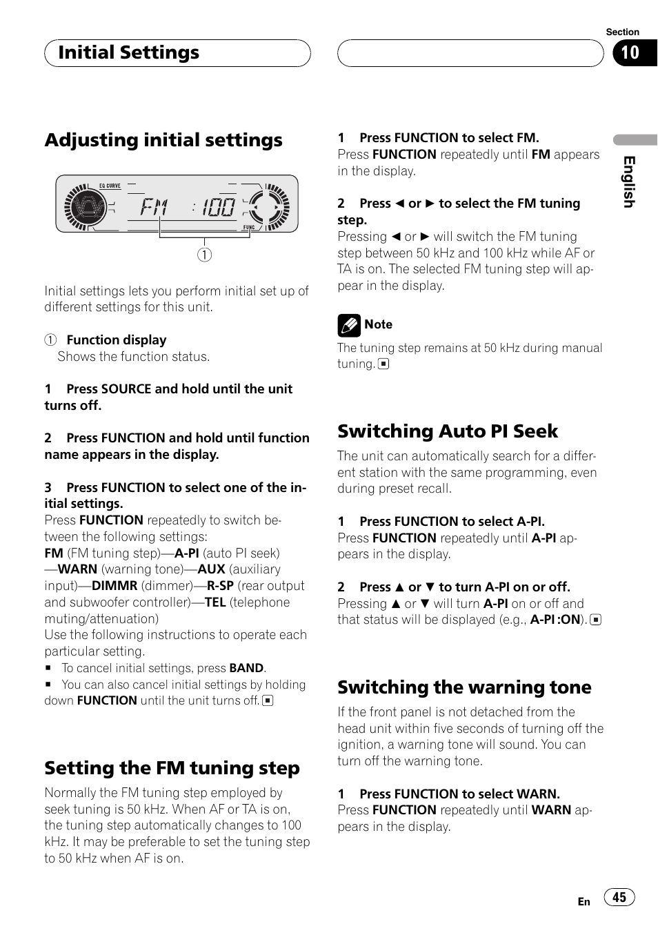 Adjustinginitial settings, Settingthe fm tuningstep, Switchingauto pi seek | Switchingthe warningtone, Initial settings | Pioneer DEH-P5630MP User Manual | Page 45 / 115