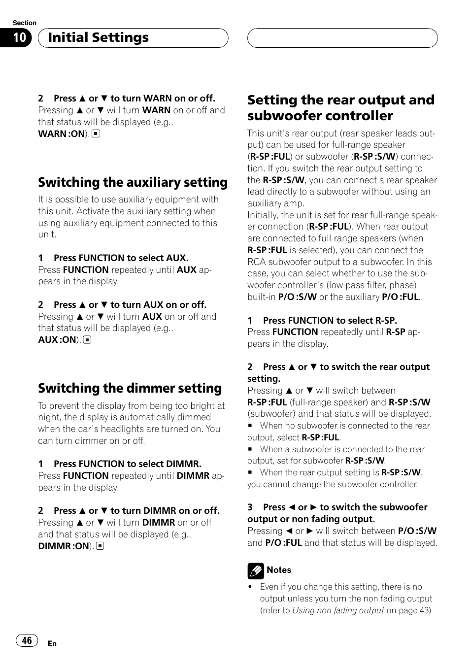 Controller 46, Switchingthe auxiliary setting, Switchingthe dimmer setting | Settingthe rear output and subwoofer controller, Initial settings | Pioneer DEH-P5630MP User Manual | Page 46 / 115