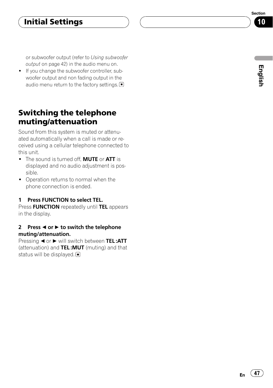 Switching the telephone muting, Attenuation 47, Switchingthe telephone muting/attenuation | Initial settings | Pioneer DEH-P5630MP User Manual | Page 47 / 115