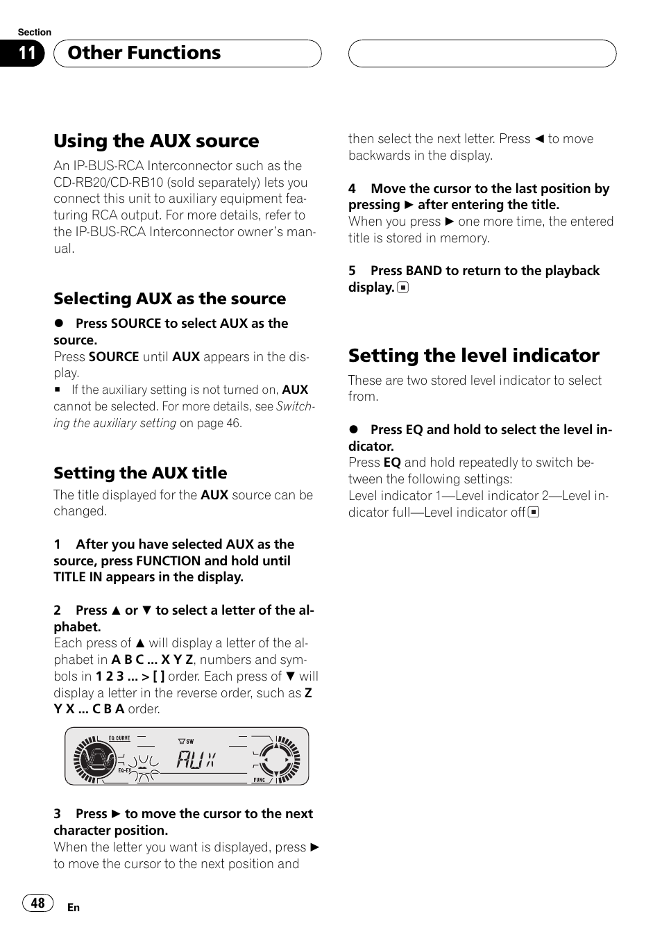 Other functions using the aux source 48, Selecting aux as the source 48, Setting the aux title 48 | Setting the level indicator 48, Usingthe aux source, Settingthe level indicator, Other functions | Pioneer DEH-P5630MP User Manual | Page 48 / 115
