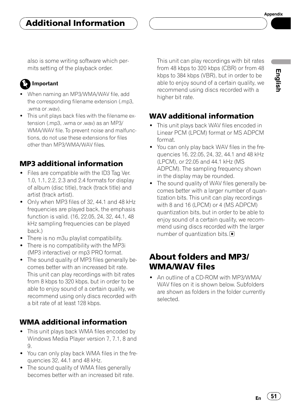 Mp3 additional information 51, Wma additional information 51, Wav additional information 51 | About folders and mp3/wma/wav files 51, About folders and mp3/ wma/wav files, Additional information, Mp3 additional information, Wma additional information, Wav additional information | Pioneer DEH-P5630MP User Manual | Page 51 / 115