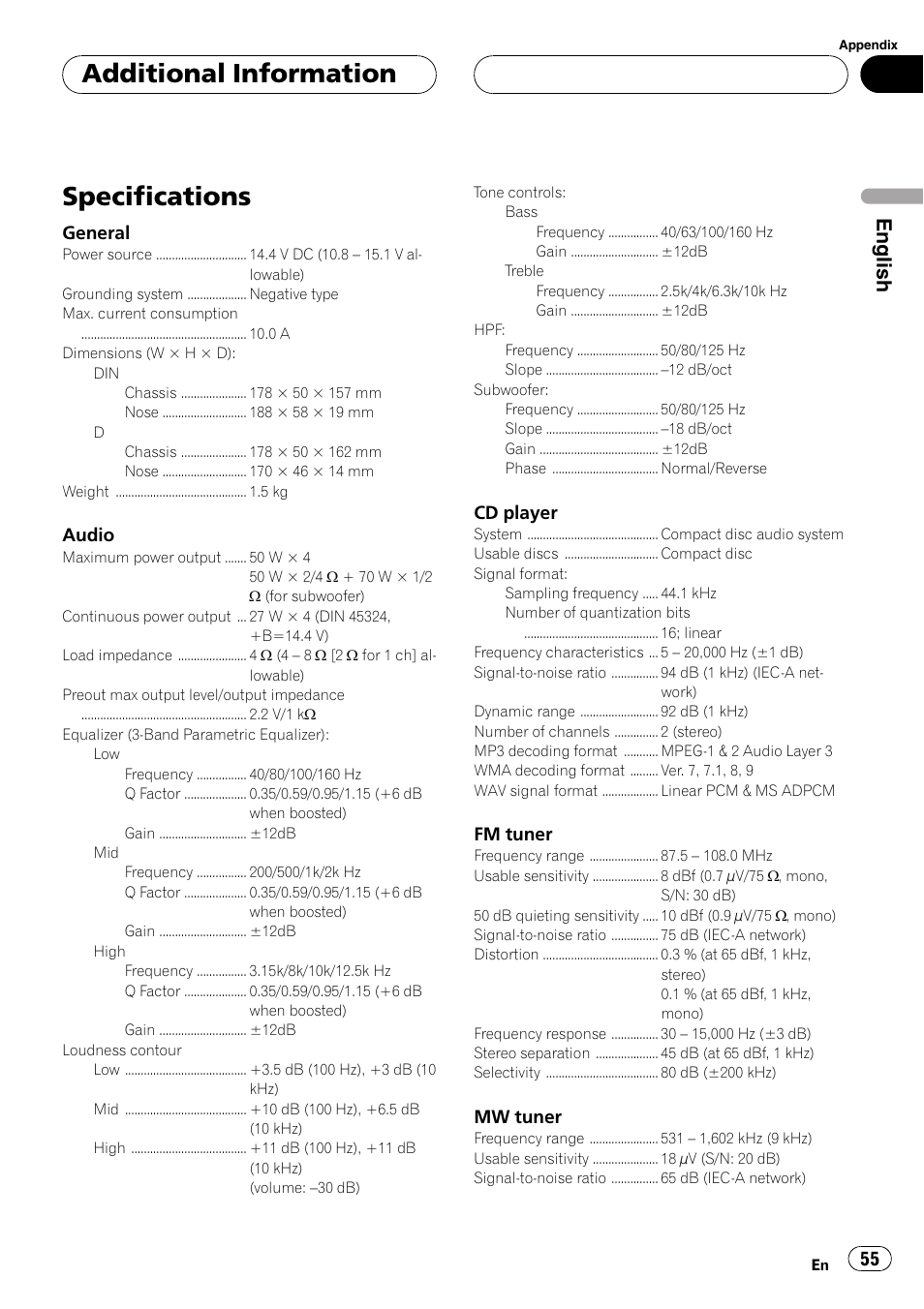Specifications 55, Specifications, Additional information | English, General, Audio, Cd player, Fm tuner, Mw tuner | Pioneer DEH-P5630MP User Manual | Page 55 / 115