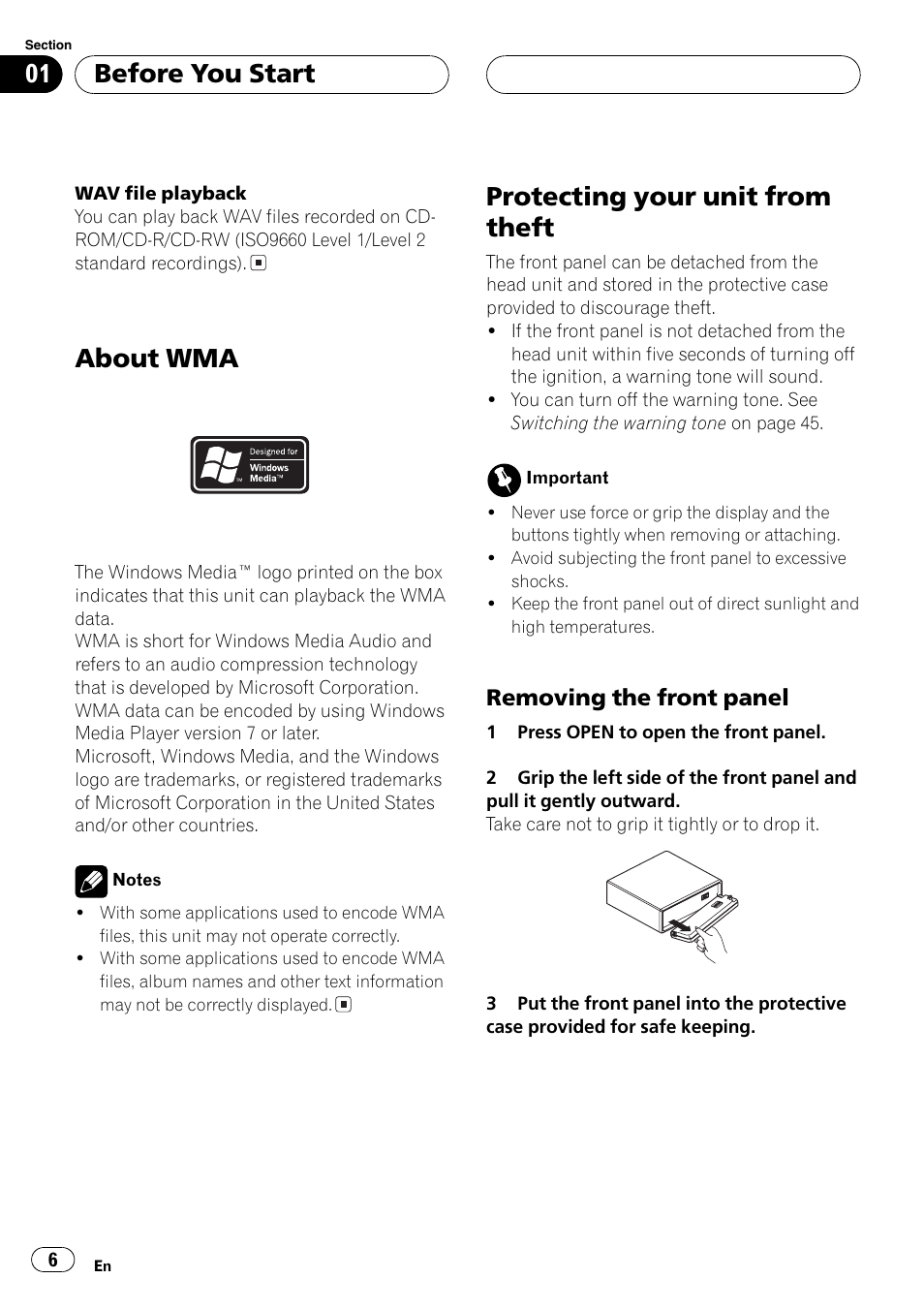 About wma 6 protecting your unit from theft 6, Removing the front panel 6, About wma | Protectingyour unit from theft, Before you start, Removingthe front panel | Pioneer DEH-P5630MP User Manual | Page 6 / 115
