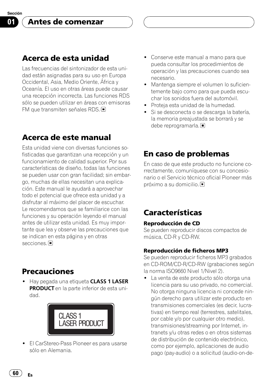 Antes de comenzar acerca de esta unidad 60, Acerca de este manual 60, Precauciones 60 | En caso de problemas 60, Características 60, Acerca de esta unidad, Acerca de este manual, Precauciones, En caso de problemas, Características | Pioneer DEH-P5630MP User Manual | Page 60 / 115