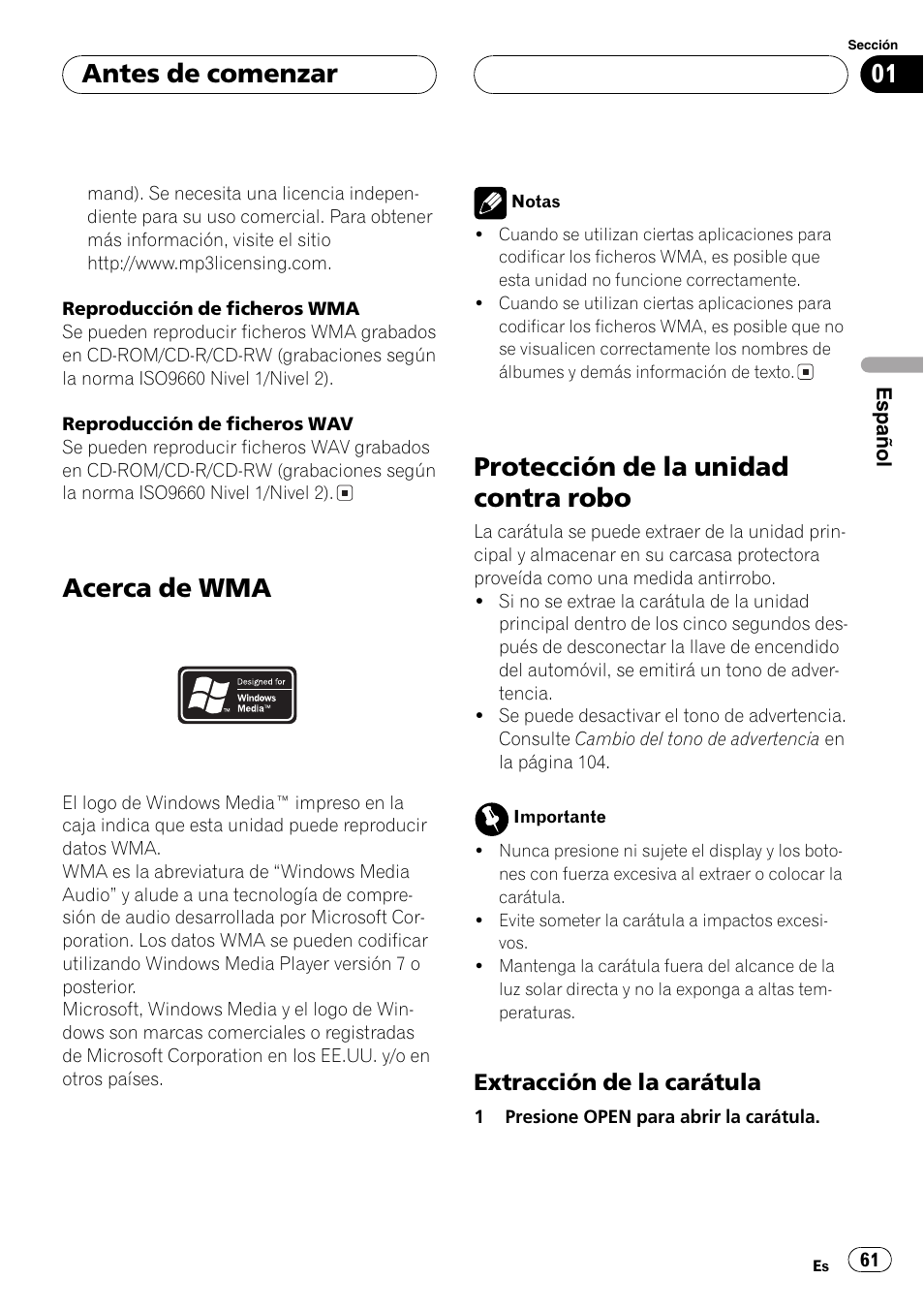 Acerca de wma 61, Protección de la unidad contra robo 61, Extracción de la carátula 61 | Acerca de wma, Protección de la unidad contra robo, Antes de comenzar, Extracción de la carátula | Pioneer DEH-P5630MP User Manual | Page 61 / 115
