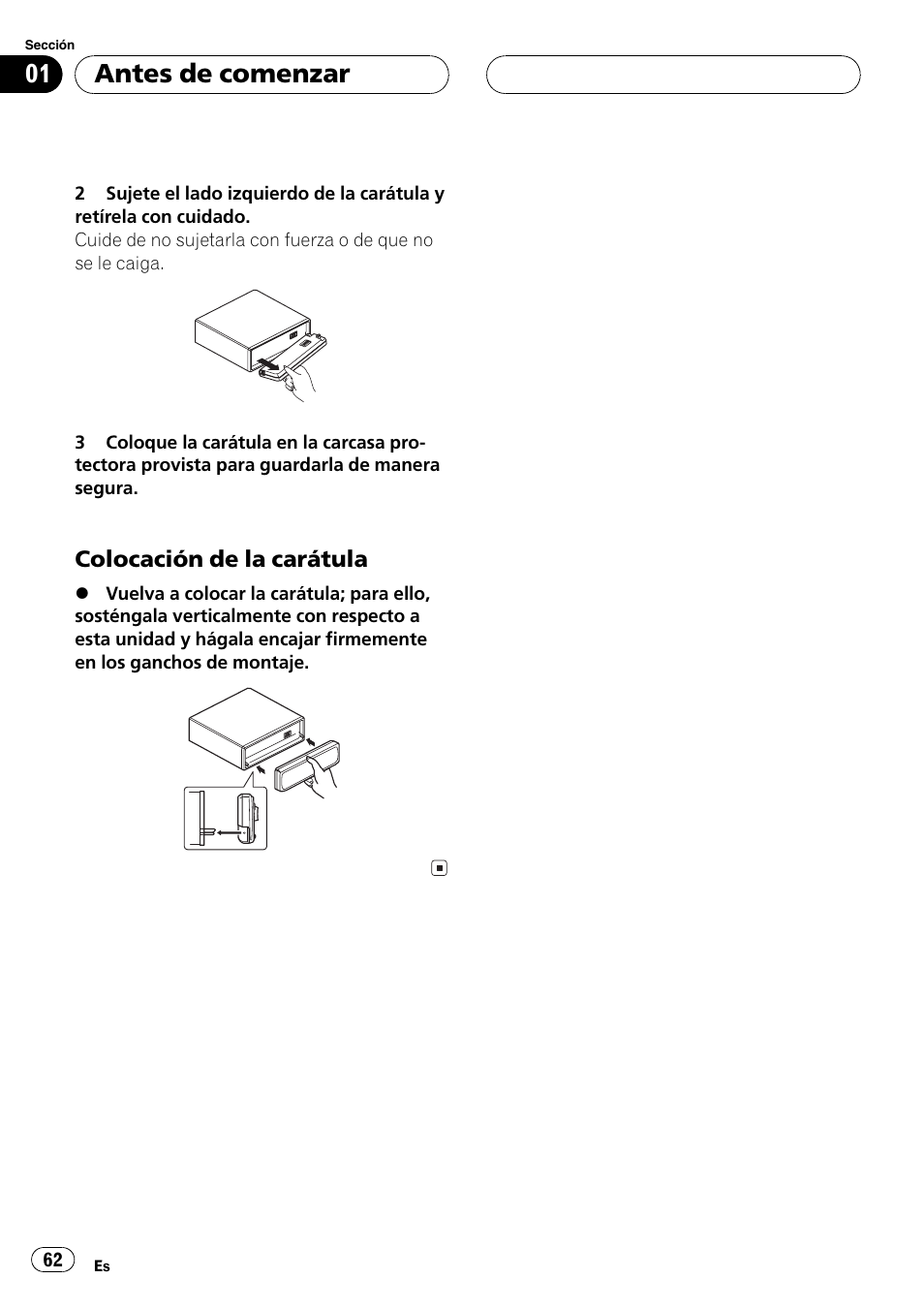 Colocación de la carátula 62, Antes de comenzar | Pioneer DEH-P5630MP User Manual | Page 62 / 115