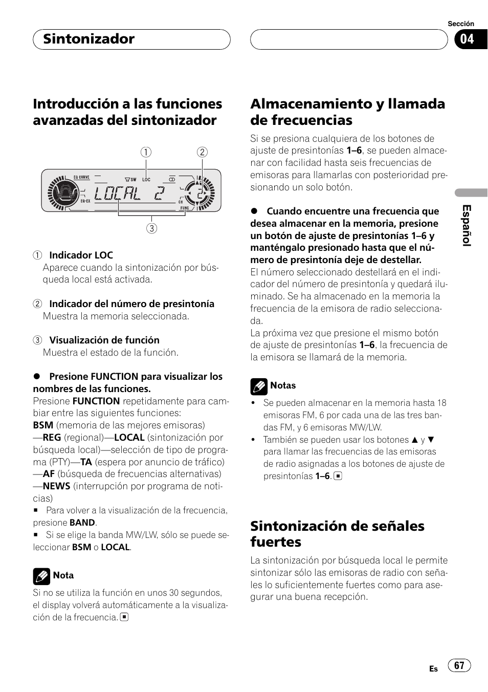 Introducción a las funciones avanzadas del, Sintonizador 67, Almacenamiento y llamada de | Frecuencias 67, Sintonización de señales fuertes 67, Almacenamiento y llamada de frecuencias, Sintonización de señales fuertes, Sintonizador | Pioneer DEH-P5630MP User Manual | Page 67 / 115