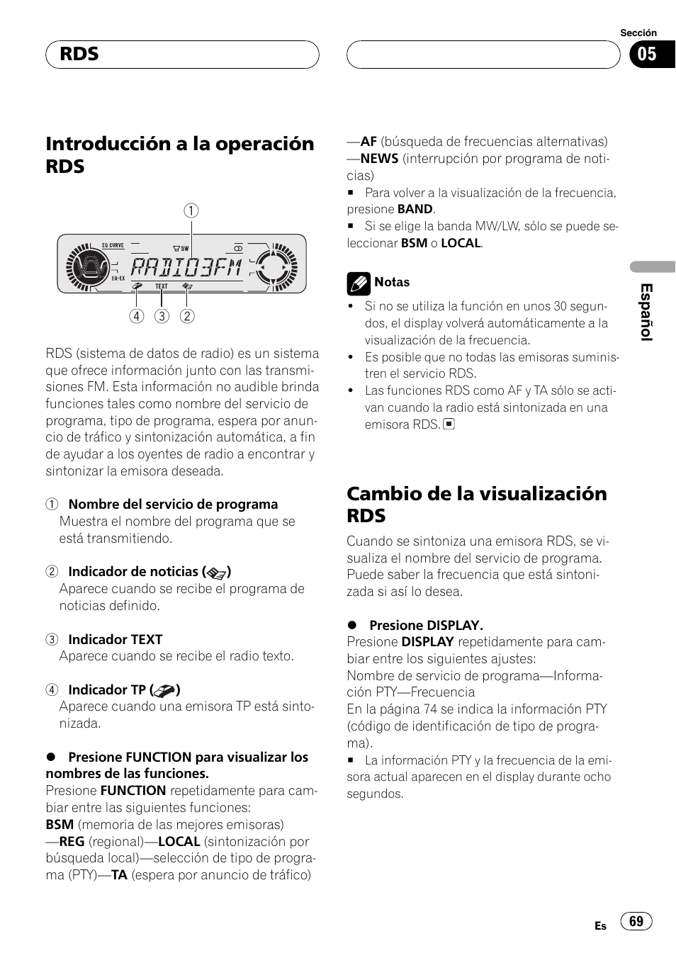 Introducción a la operación rds 69, Cambio de la visualización rds 69, Introducción a la operación rds | Cambio de la visualización rds | Pioneer DEH-P5630MP User Manual | Page 69 / 115