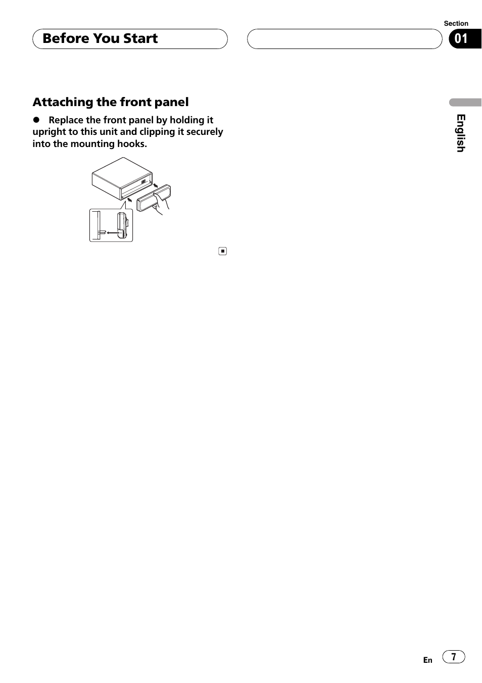 Attaching the front panel 7, Before you start | Pioneer DEH-P5630MP User Manual | Page 7 / 115
