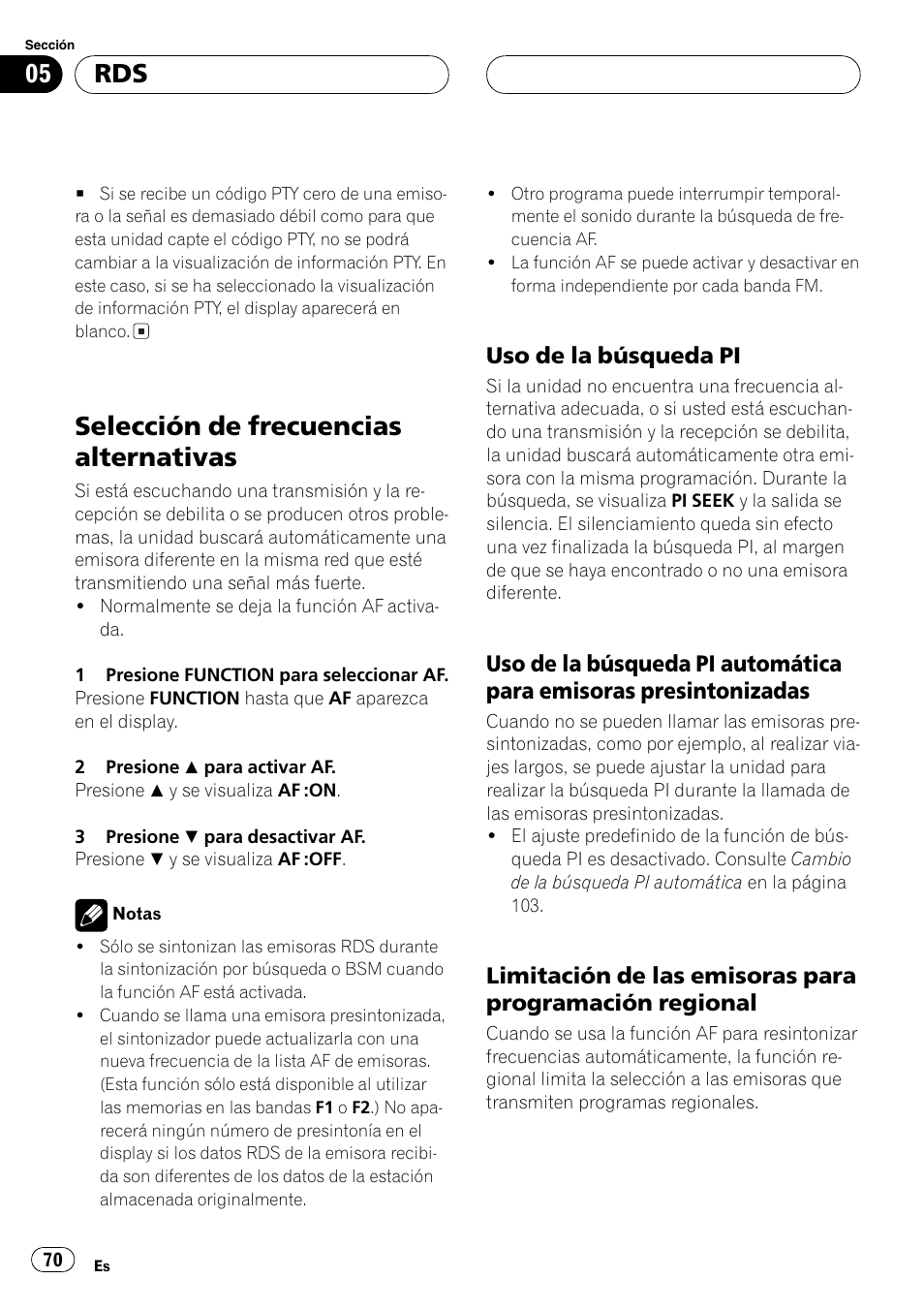 Selección de frecuencias alternativas 70, Uso de la búsqueda pi 70, Uso de la búsqueda pi automática | Para emisoras presintonizadas 70, Limitación de las emisoras para, Programación regional 70, Selección de frecuencias alternativas | Pioneer DEH-P5630MP User Manual | Page 70 / 115