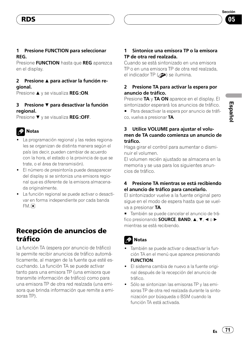 Recepción de anuncios de tráfico 71, Recepción de anuncios de tráfico | Pioneer DEH-P5630MP User Manual | Page 71 / 115