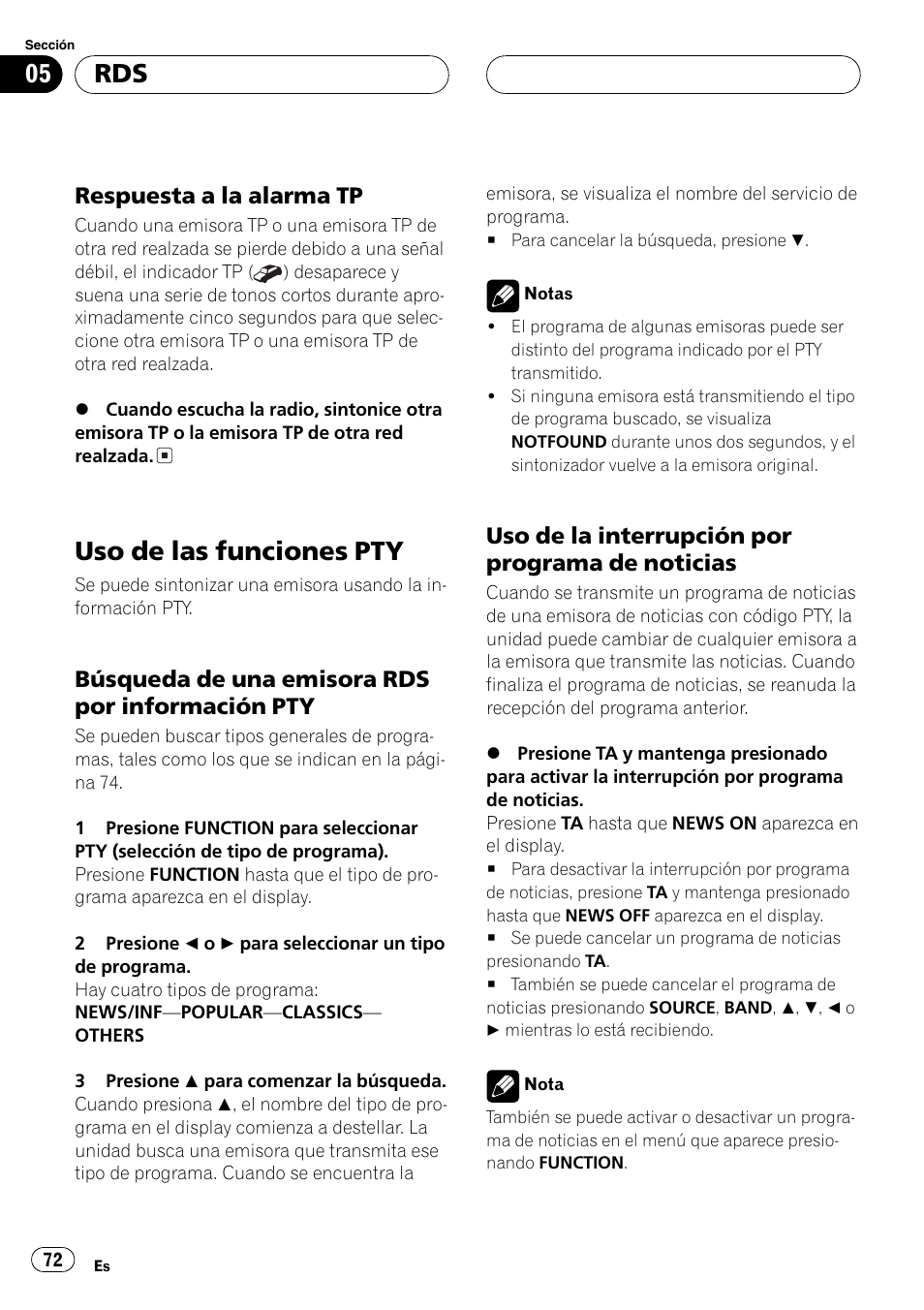 Respuesta a la alarma tp 72, Uso de las funciones pty 72, Búsqueda de una emisora rds por | Información pty 72, Uso de la interrupción por programa, De noticias 72, Uso de las funciones pty, Respuesta a la alarma tp, Búsqueda de una emisora rds por información pty, Uso de la interrupción por programa de noticias | Pioneer DEH-P5630MP User Manual | Page 72 / 115