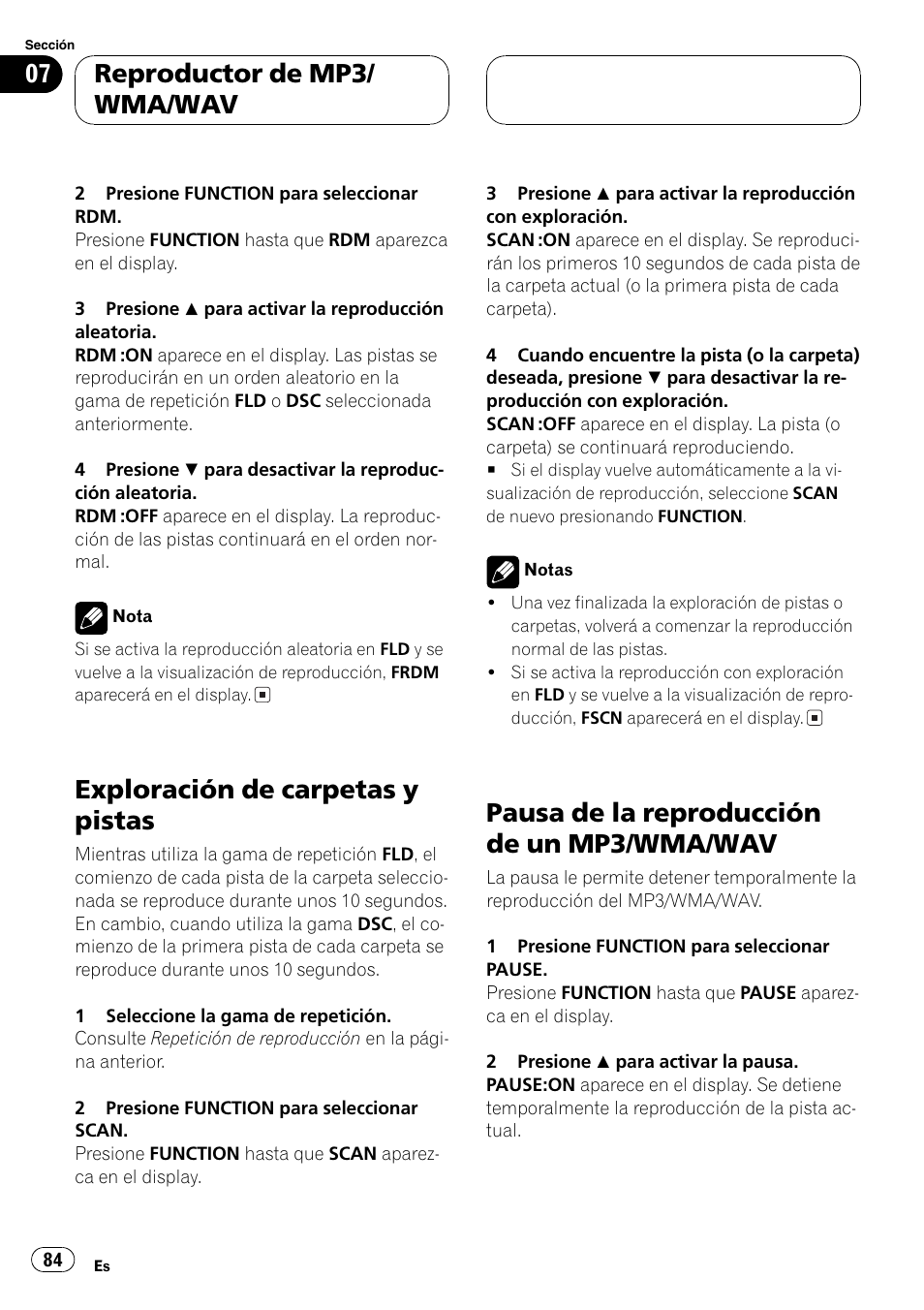 Exploración de carpetas y pistas 84, Pausa de la reproducción de un mp3/wma, Wav 84 | Exploración de carpetas y pistas, Pausa de la reproducción de un mp3/wma/wav, Reproductor de mp3/ wma/wav | Pioneer DEH-P5630MP User Manual | Page 84 / 115