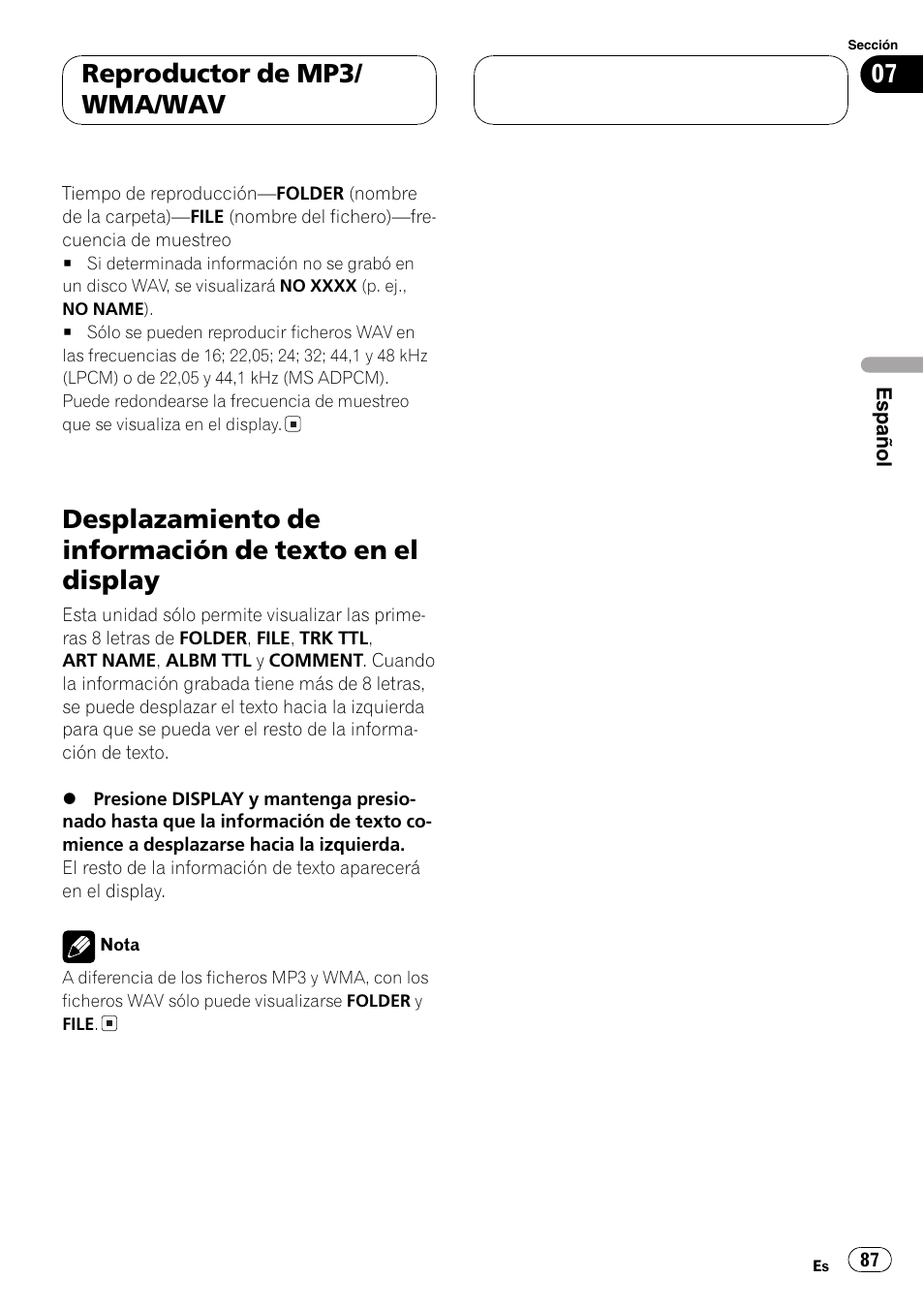 Desplazamiento de información de texto en, El display 87, Reproductor de mp3/ wma/wav | Pioneer DEH-P5630MP User Manual | Page 87 / 115