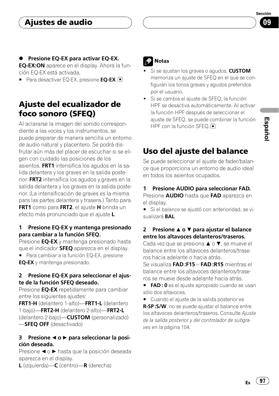 Ajuste del ecualizador de foco sonoro, Sfeq) 97, Uso del ajuste del balance 97 | Ajuste del ecualizador de foco sonoro (sfeq), Uso del ajuste del balance, Ajustes de audio | Pioneer DEH-P5630MP User Manual | Page 97 / 115