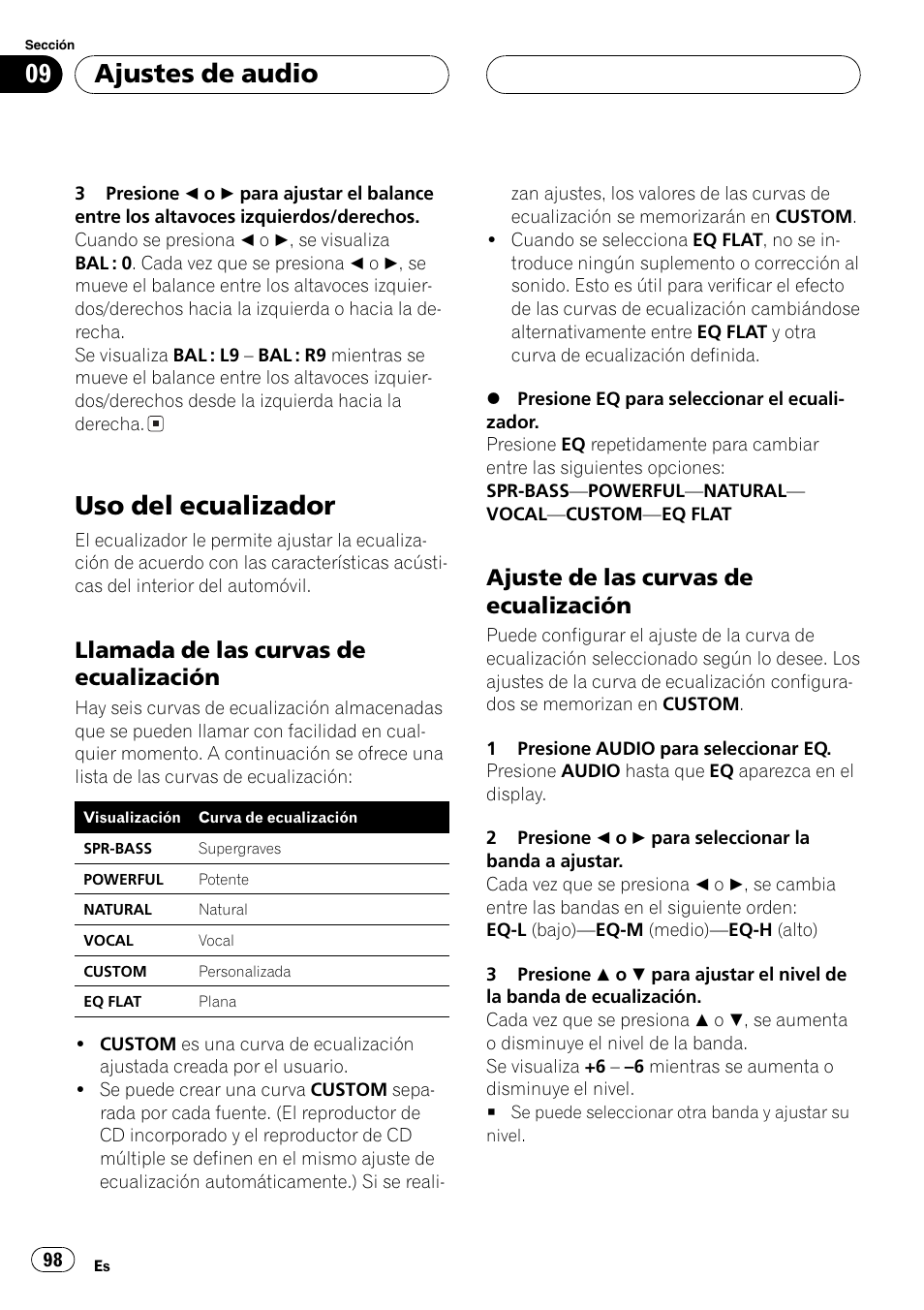 Uso del ecualizador 98, Llamada de las curvas de, Ecualización 98 | Ajuste de las curvas de, Uso del ecualizador, Ajustes de audio, Llamada de las curvas de ecualización, Ajuste de las curvas de ecualización | Pioneer DEH-P5630MP User Manual | Page 98 / 115