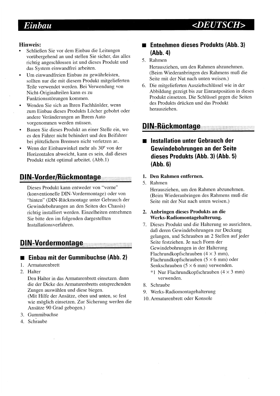 Deutsch, Hinweis, Din-vorder/rückmontage | Din-vordermontage, Dln-rückmontage, Einbau <deutsch | Pioneer AVX-P7000CD User Manual | Page 6 / 24