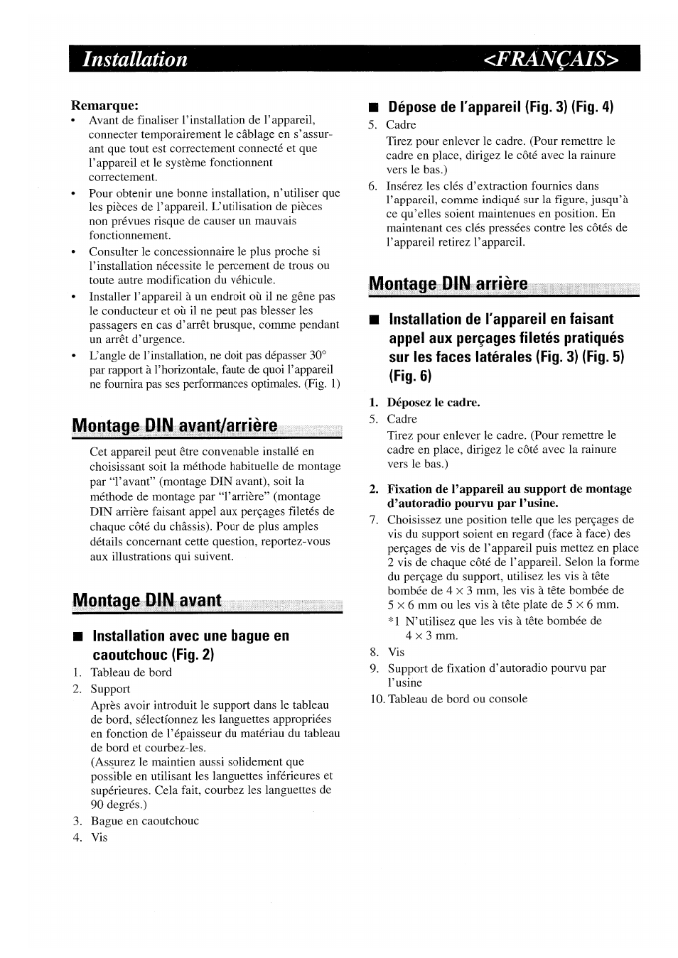 Français, Remarque, Montage din avant | Installation <français | Pioneer AVX-P7000CD User Manual | Page 7 / 24