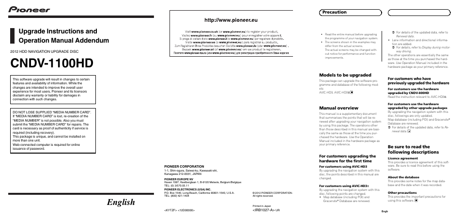 Pioneer CNDV-1100HD User Manual | 6 pages